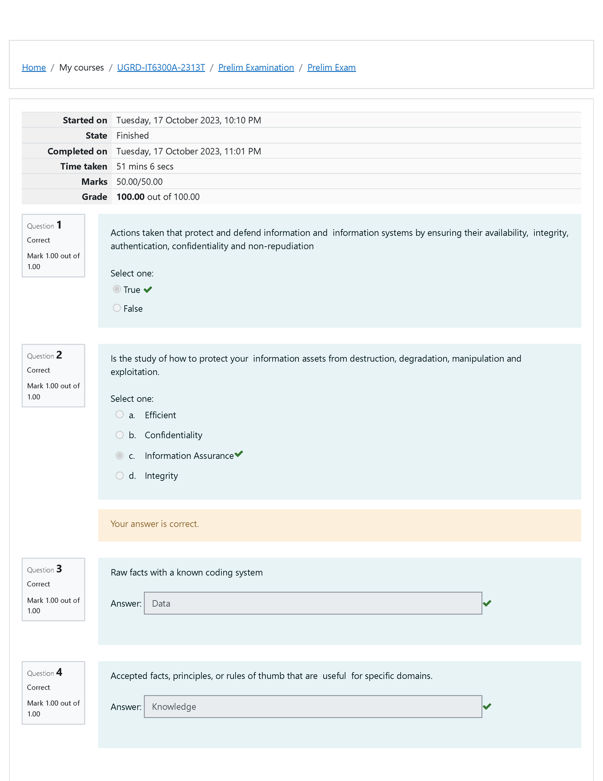 Prelim Exam Attempt Review - Home / My Courses / UGRD-IT6300A-2313T ...