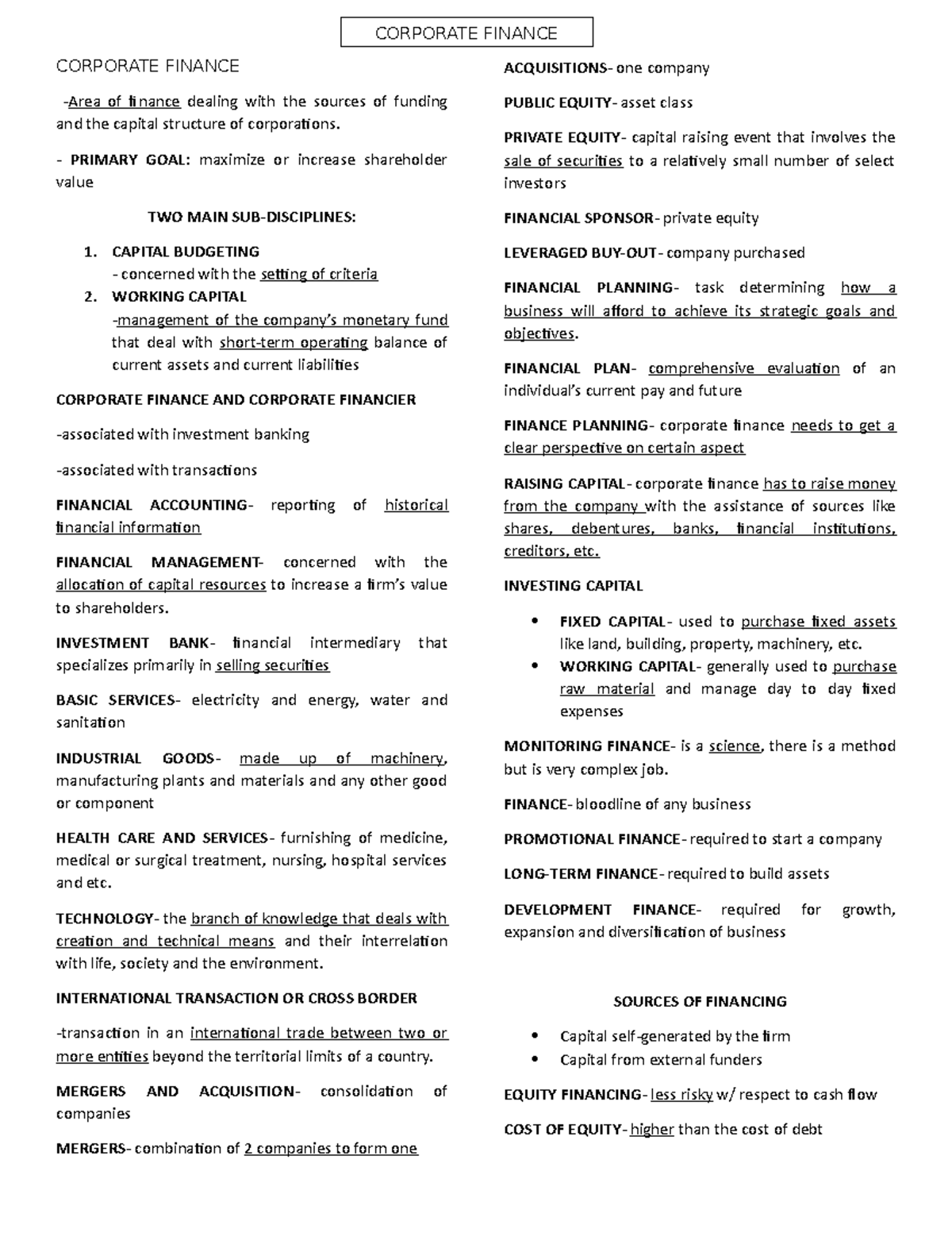 Corporate Finance - Lecture notes 1 - CORPORATE FINANCE - Area of ...