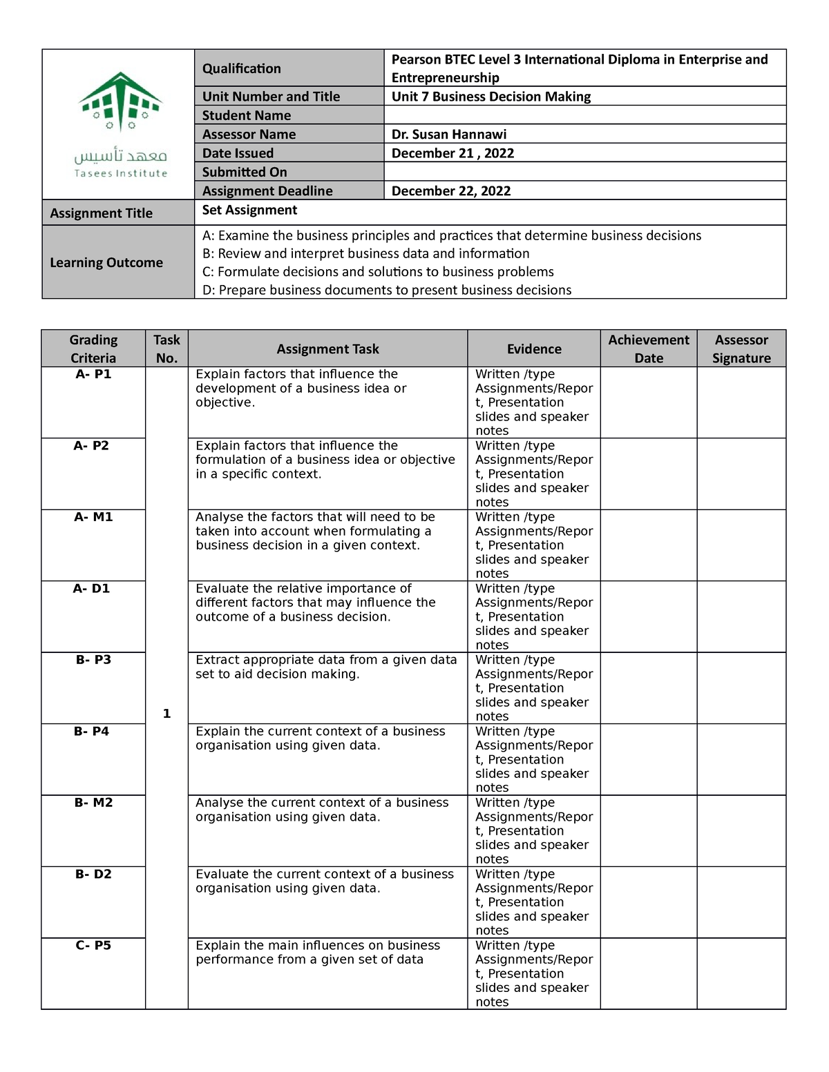 pearson btec set assignments