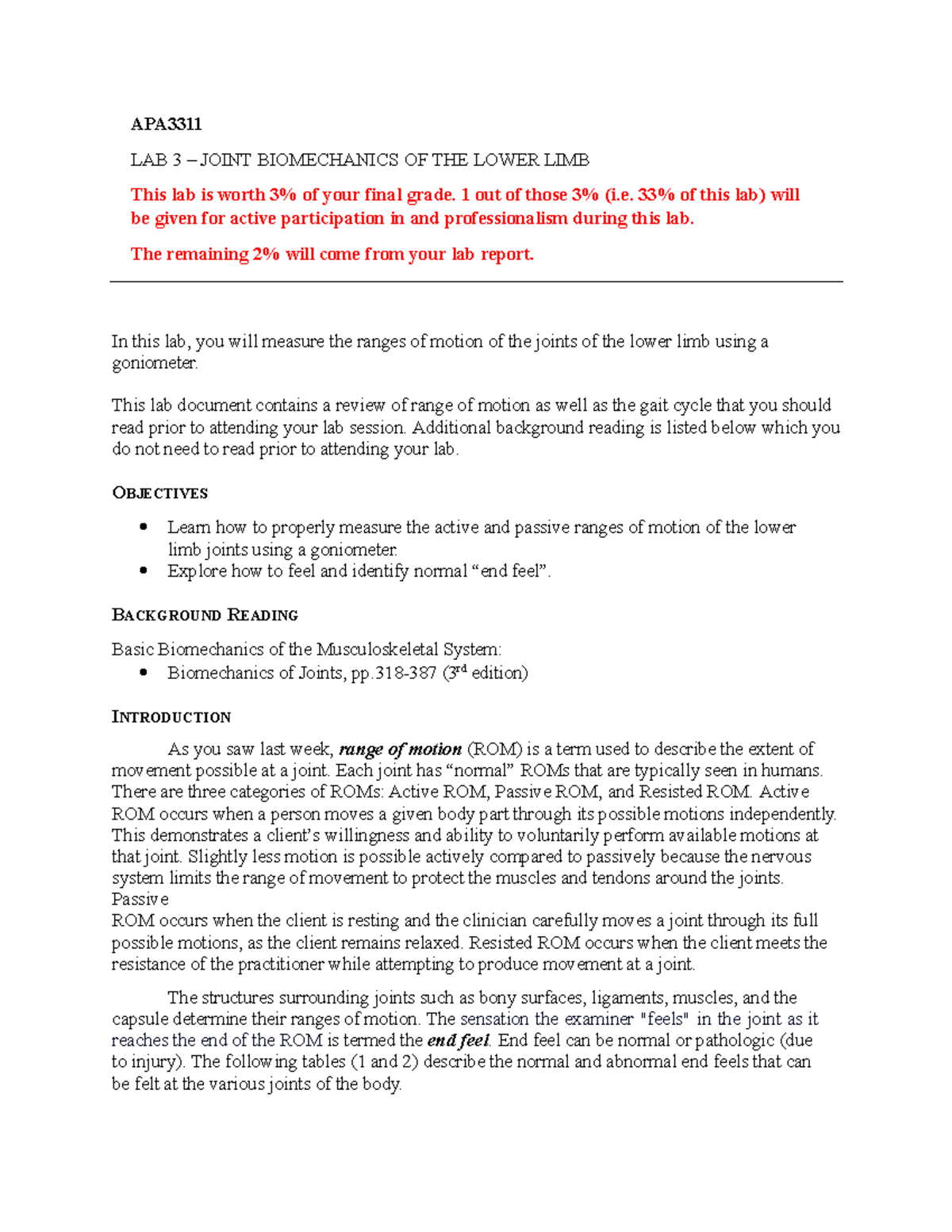 Lab 3 - Joint biomechanics - LL - APA LAB 3 – JOINT BIOMECHANICS OF THE ...