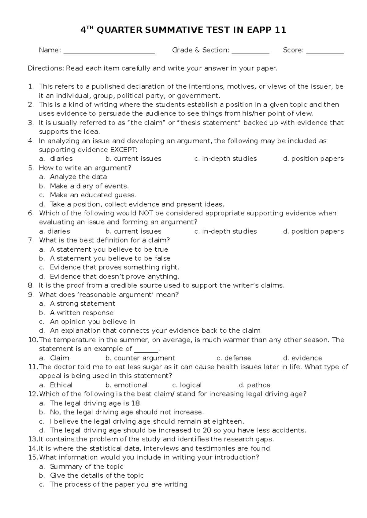 Reviewer EAPP Finals - good - 4 TH QUARTER SUMMATIVE TEST IN EAPP 11 ...