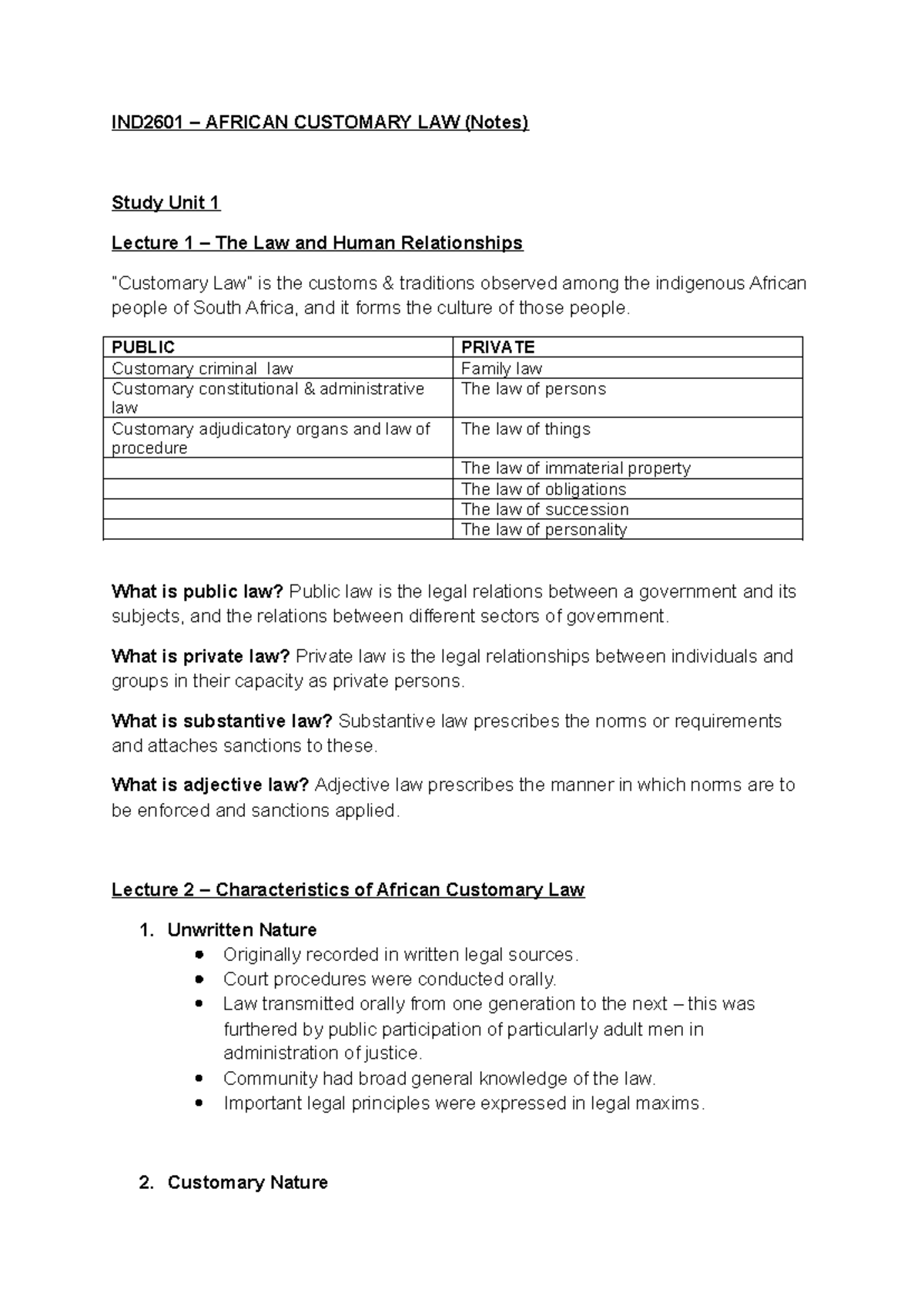 IND2601 - Notes - IND2601 – AFRICAN CUSTOMARY LAW (Notes) Study Unit 1 ...