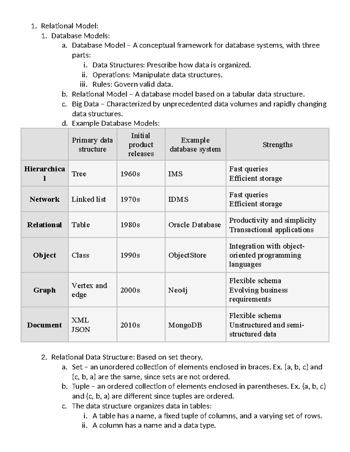 Data Management D427 Notes - 1. Relational Model: 1. Database Models: a ...