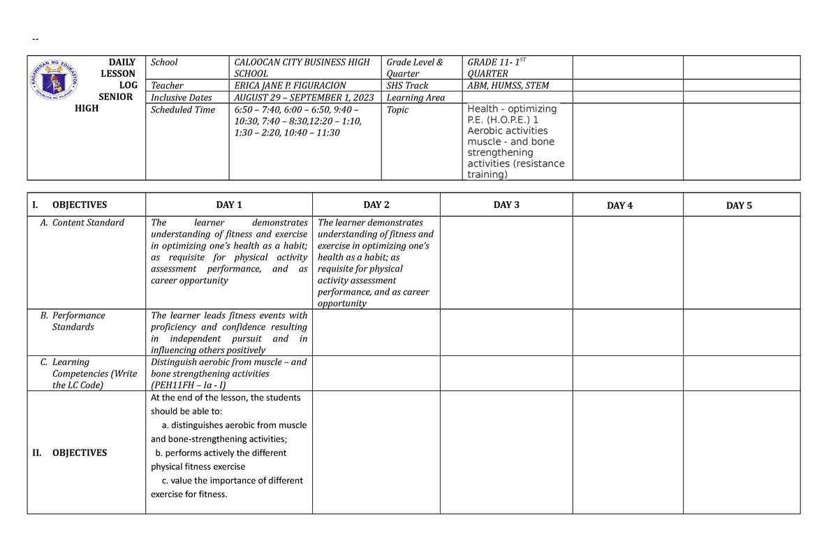 1 SHS Daily Lesson LOG DLL Template By - DAILY LESSON LOG SENIOR HIGH ...