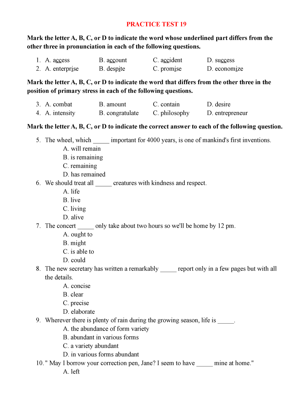 Practice-TEST-19 - English - PRACTICE TEST 19 Mark The Letter A, B, C ...