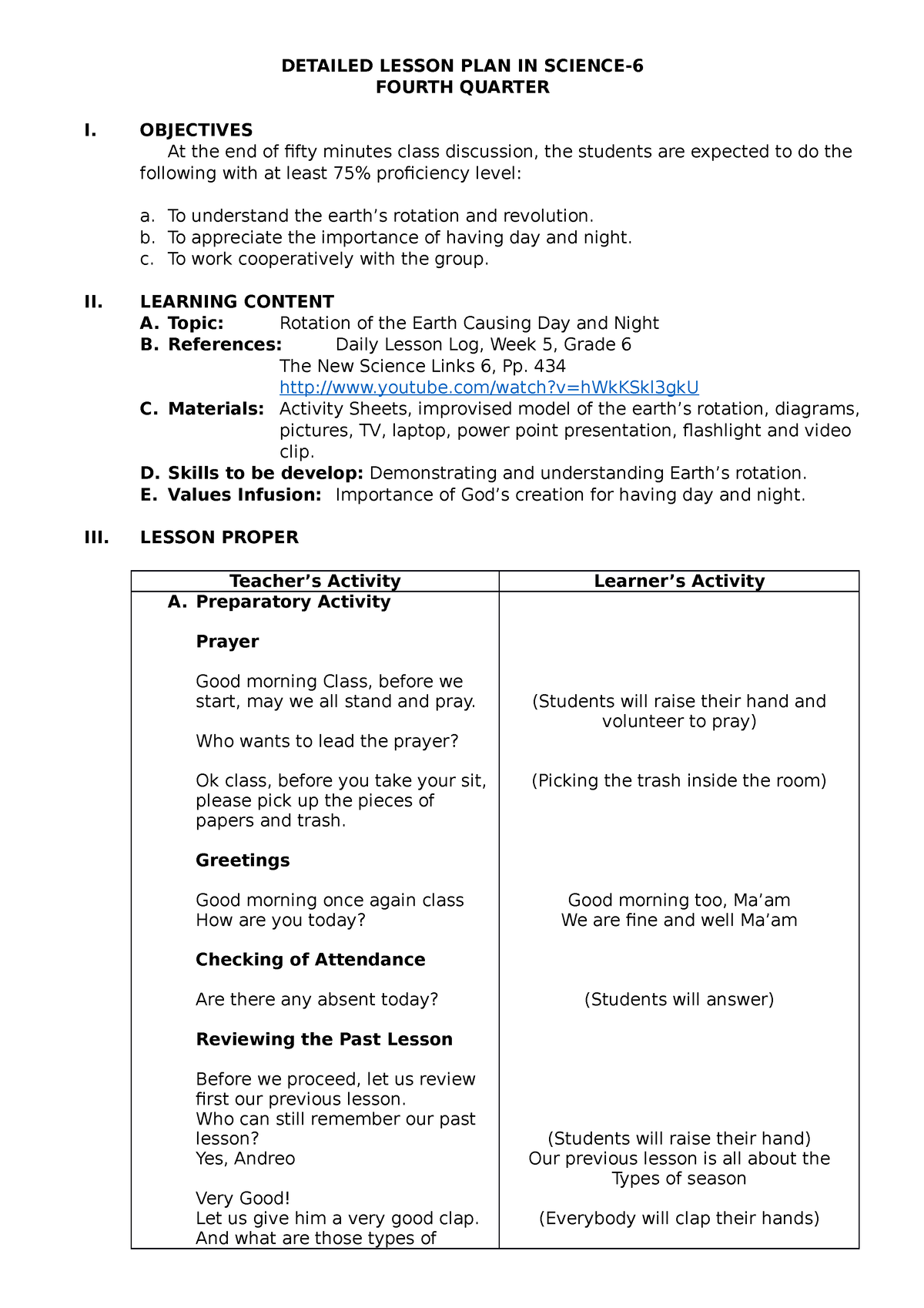 Lesson PLAN FOR DEMO - DETAILED LESSON PLAN IN SCIENCE- FOURTH QUARTER ...