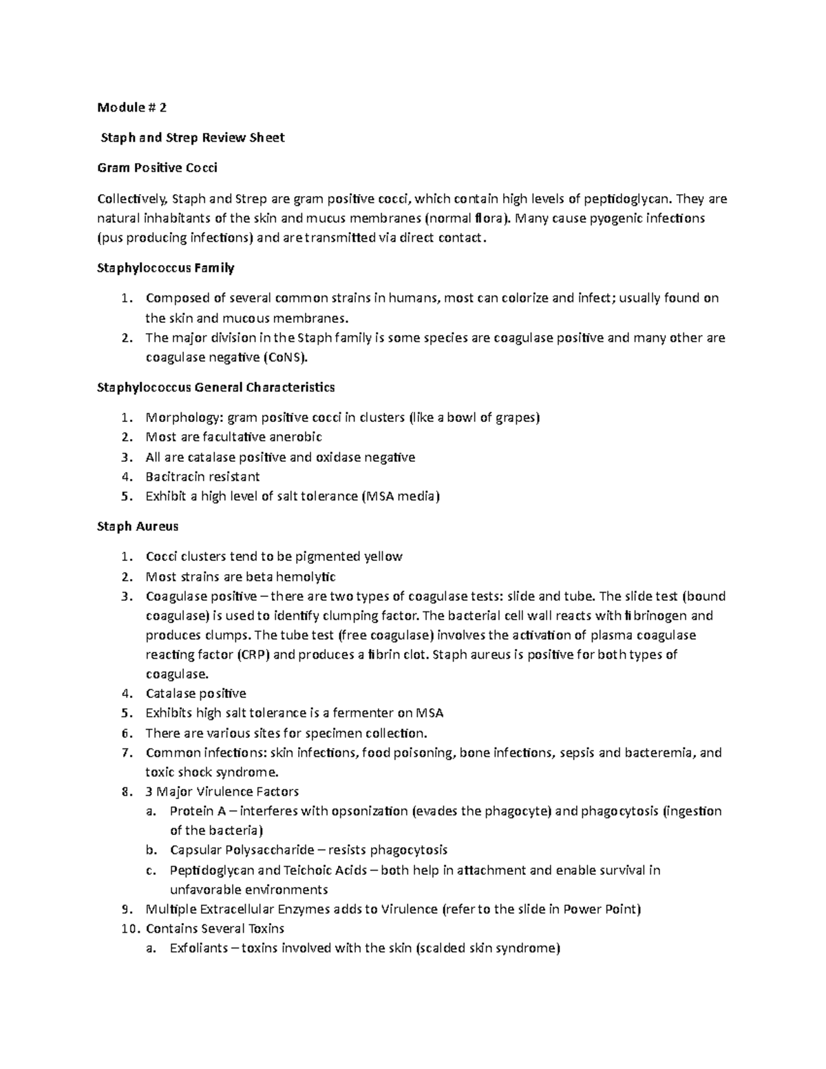 Staph Strep Review Sheet - Module # 2 Staph and Strep Review Sheet Gram ...