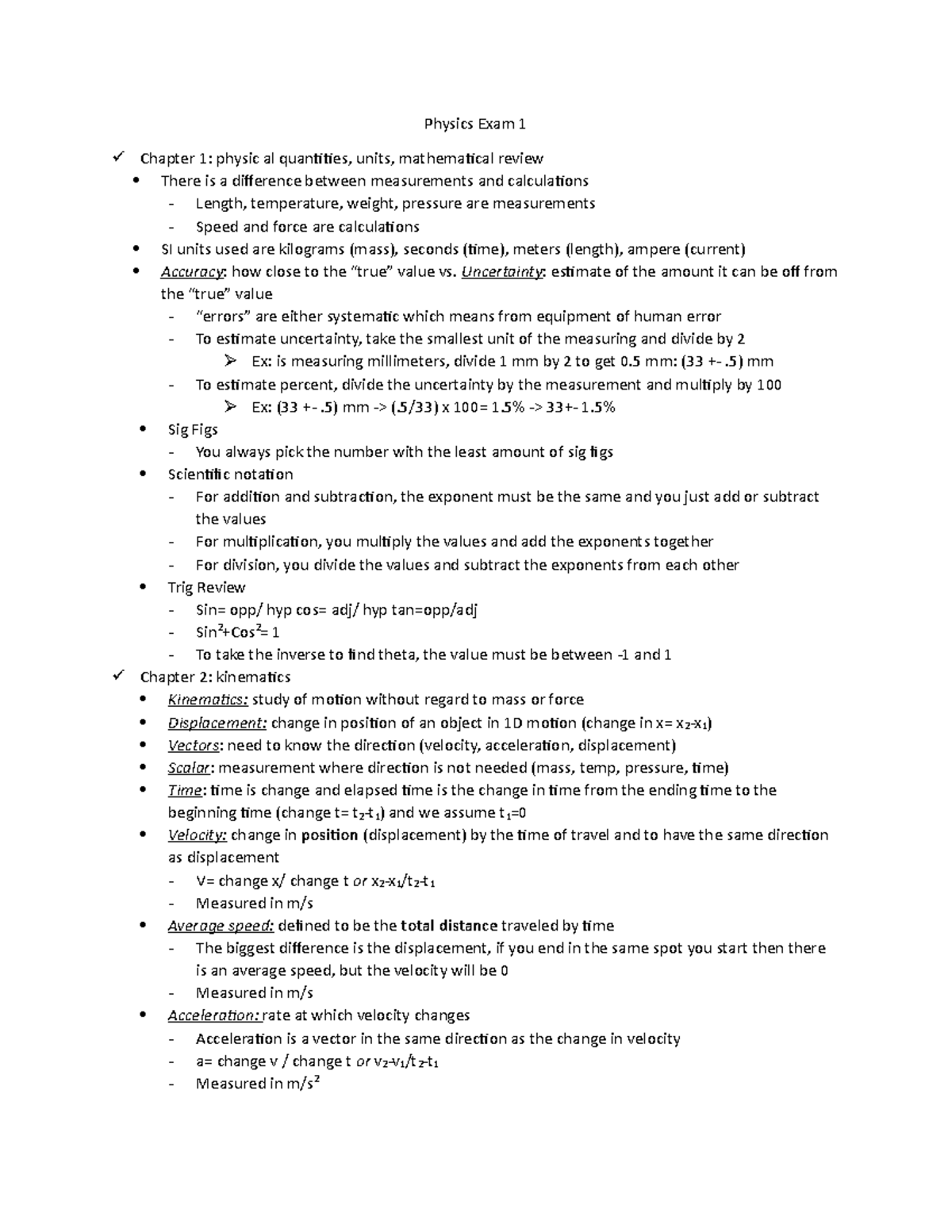 Physics Exam 1 - Summaries of lectures in outline for exam 1 - Physics ...