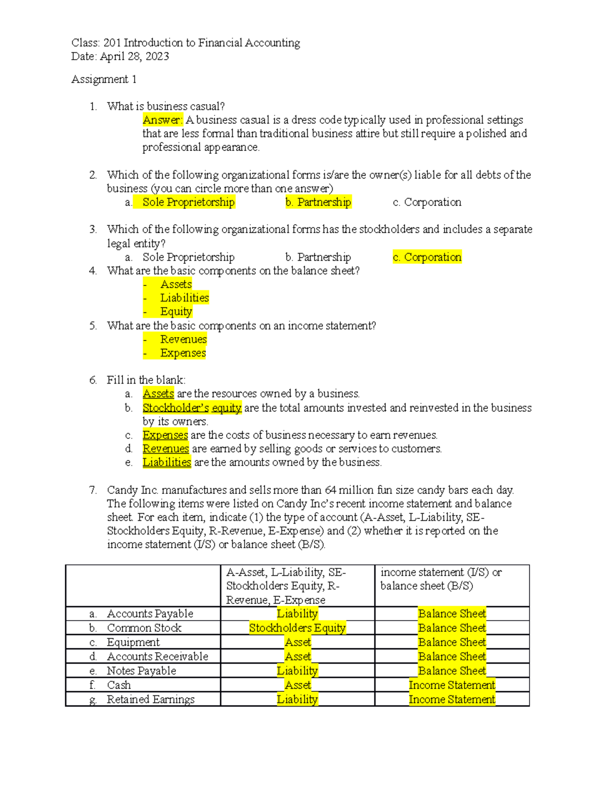 201 Financial Accounting - In-Class Assignment 1 - Class: 201 ...