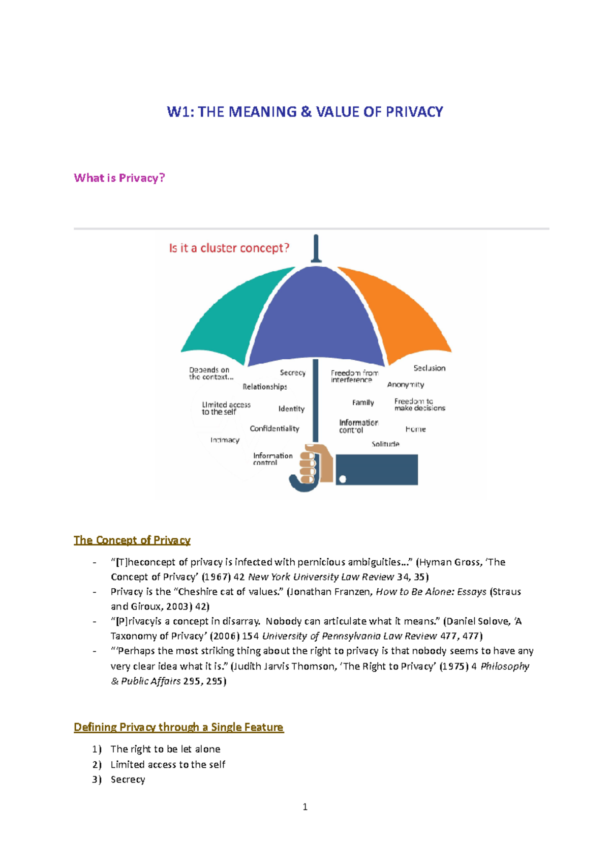 LAW2003 8 Privacy Law Summary - W1: THE MEANING & VALUE OF PRIVACY What ...