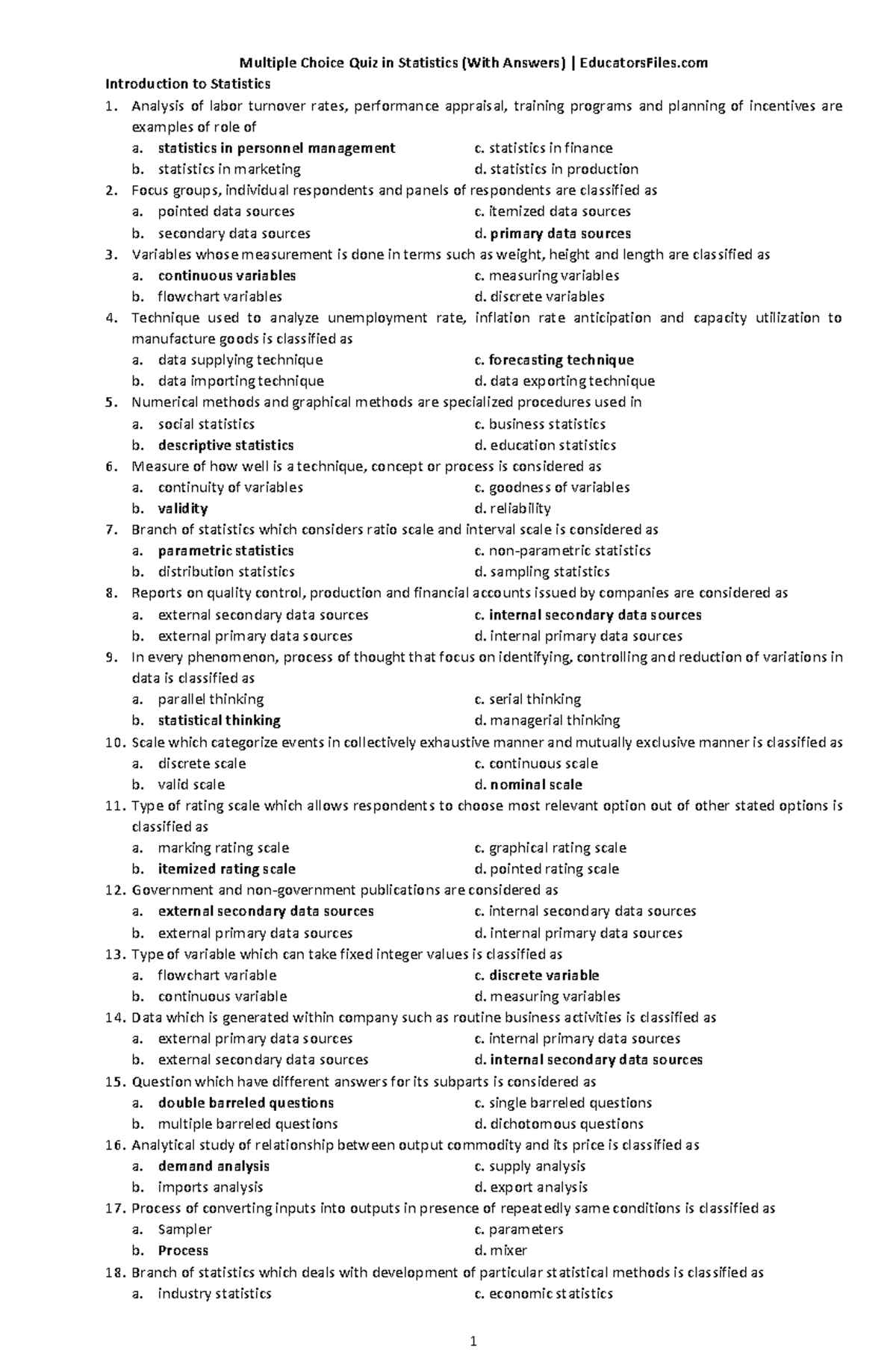 Statistics Reviewer - Multiple Choice Quiz in Statistics (With Answers ...