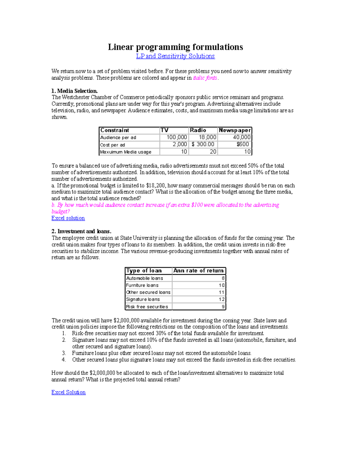 LPformlation Sensitivity Linear programming formulations LP and