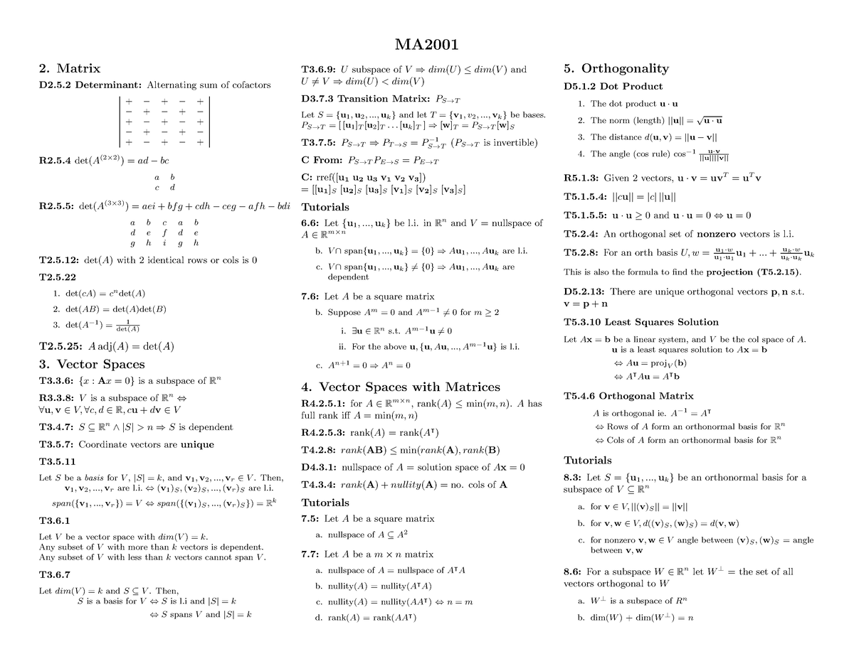 MA2001 Cheatsheet - Summary Linear Algebra I - MA 2. Matrix D2.5 ...