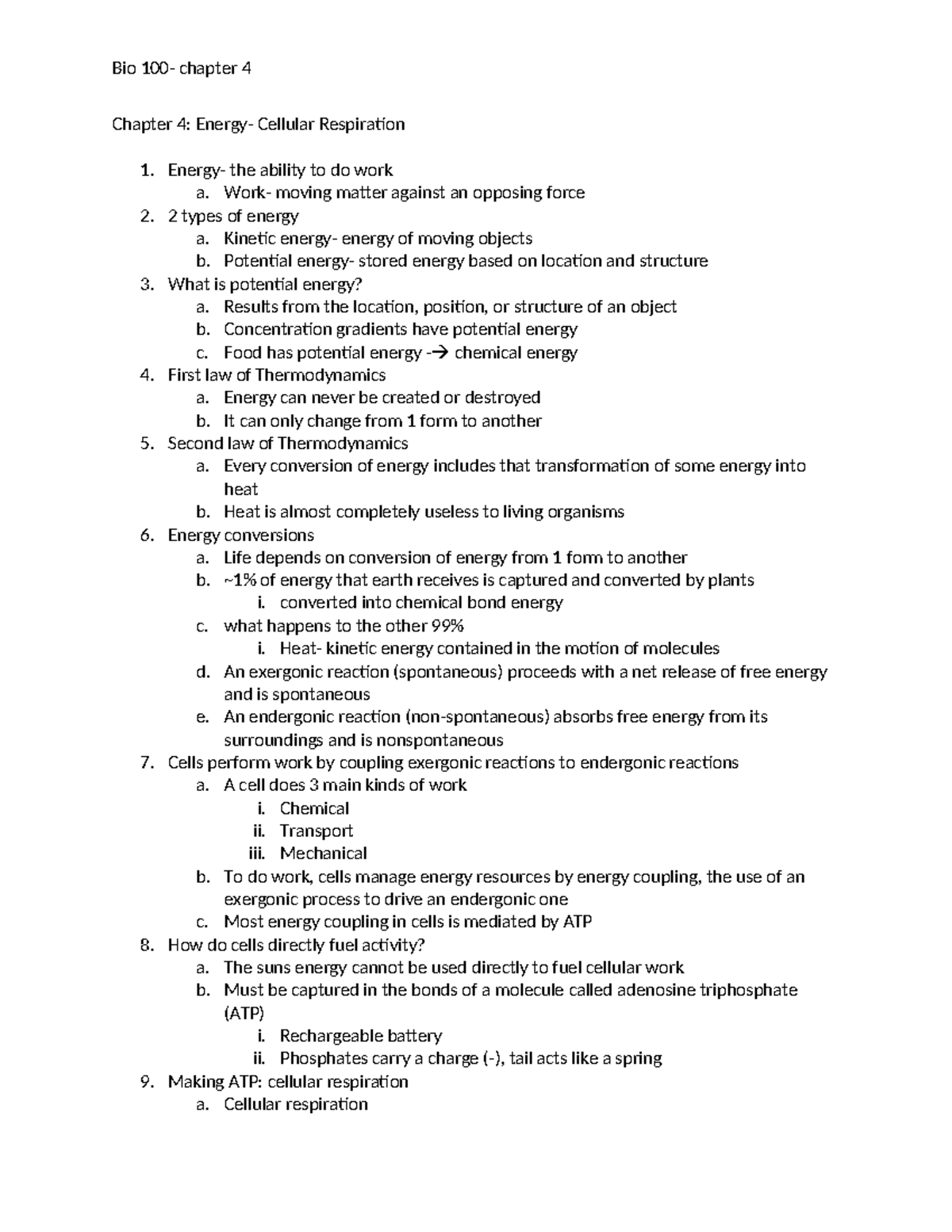 Bio100-ch.4 Notes - Chapter 4: Energy- Cellular Respiration 1. Energy ...