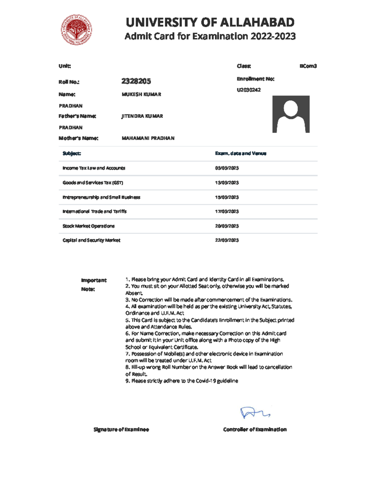 University of Allahabad UNIVERSITY OF ALLAHABAD Admit Card for