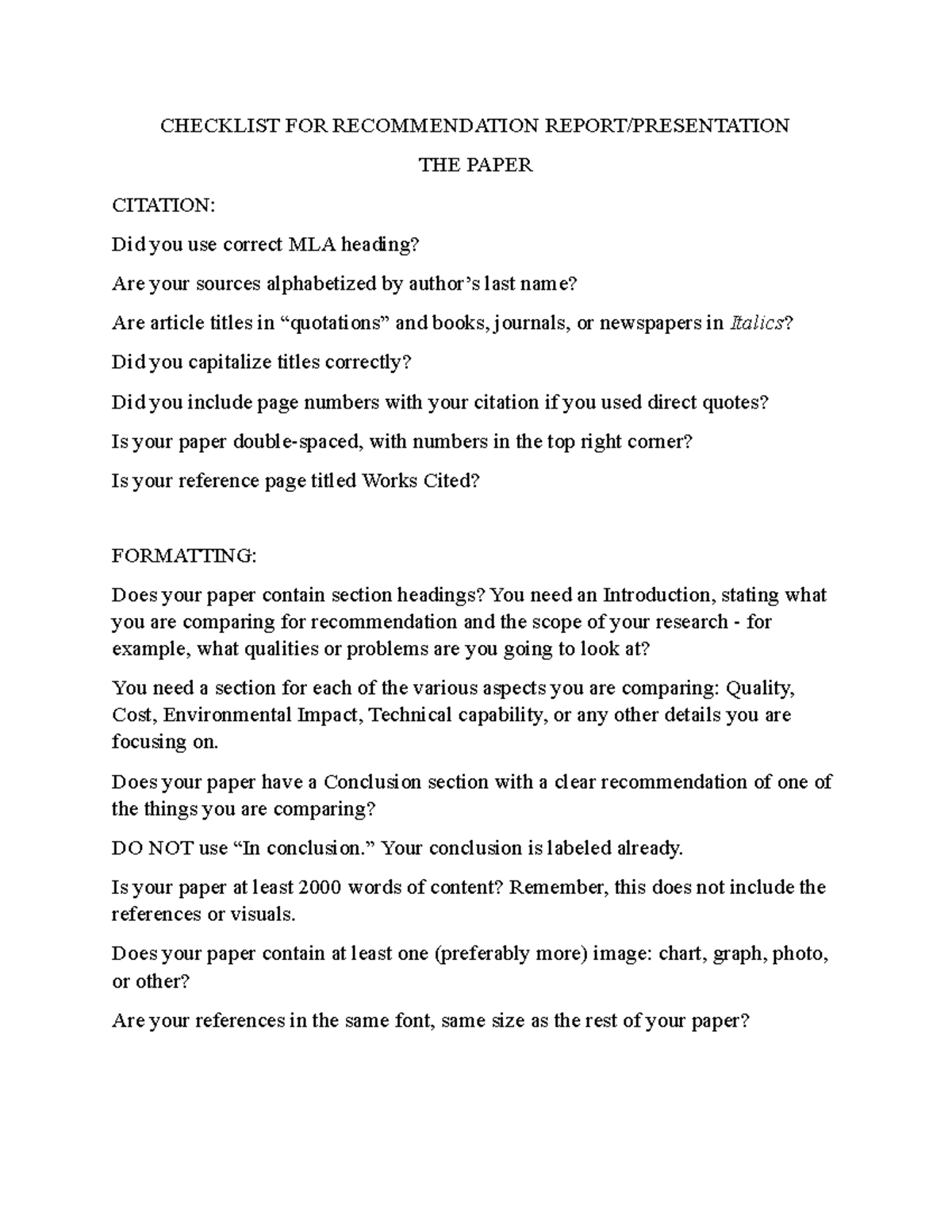 Checklist FOR Recommendation Report - CHECKLIST FOR RECOMMENDATION ...