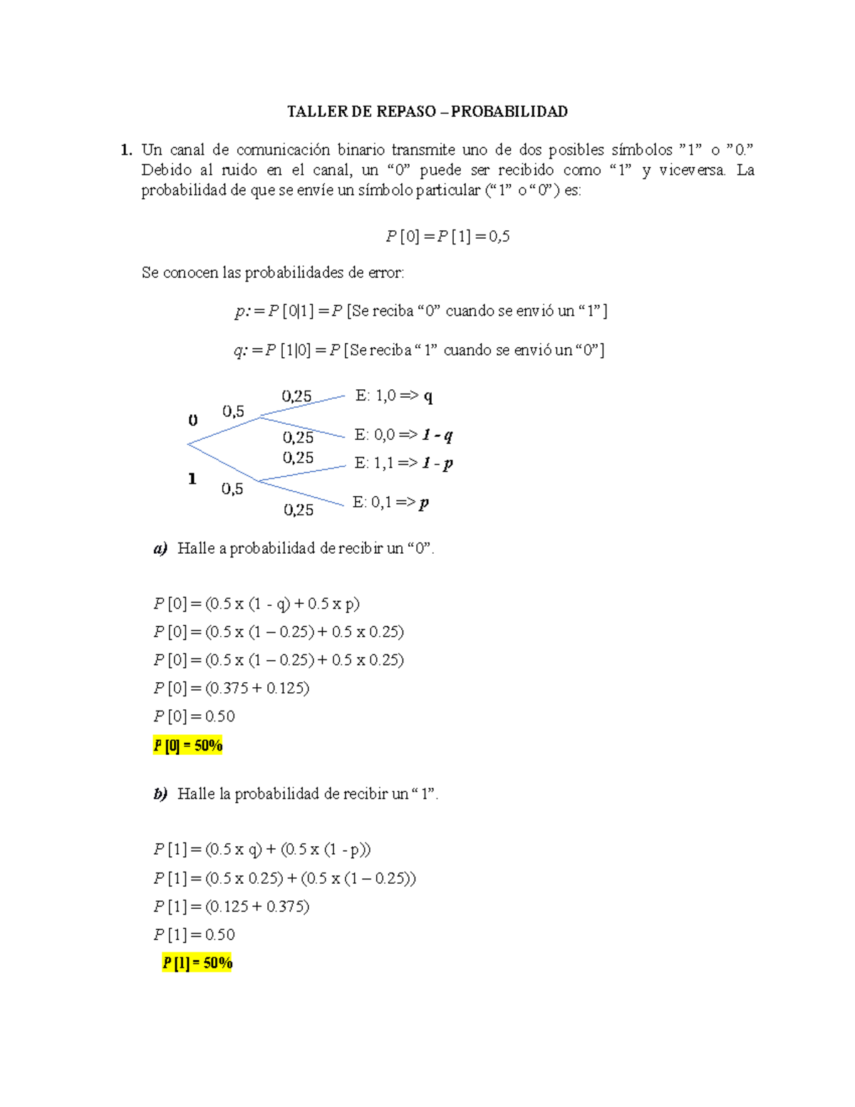 AA1 Repasoprobabilidad - 0 0, 0, 1 0, 0, 0, 0, TALLER DE REPASO ...