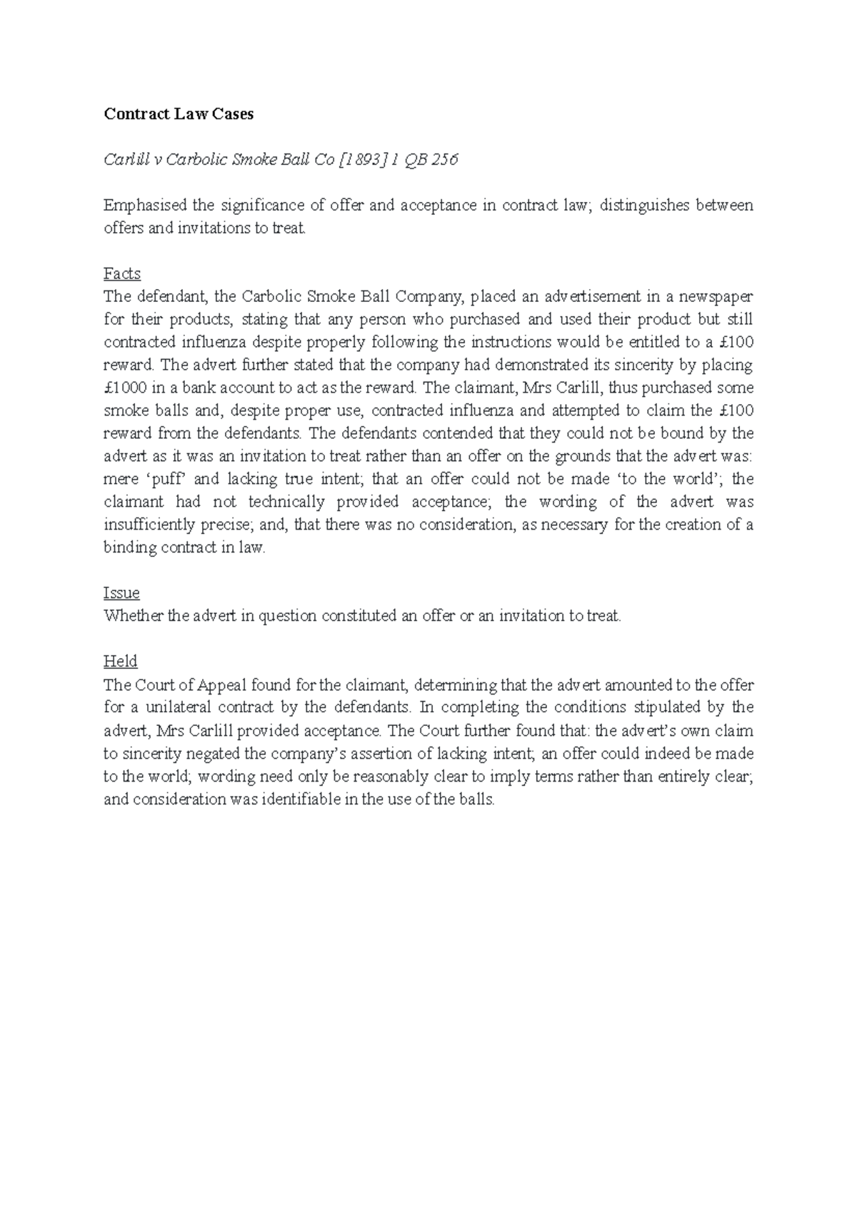 Contract Law Cases Contract Law Cases Carlill v Carbolic Smoke Ball Co [1893] 1 QB 256