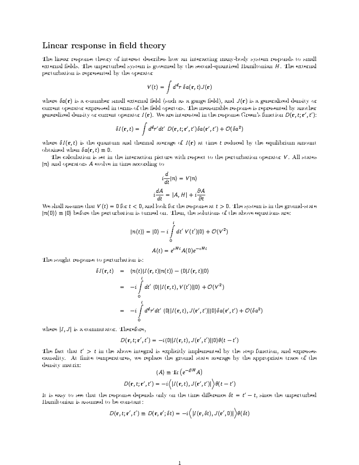 Handout Linearresponse Linear response in eld theory The linear