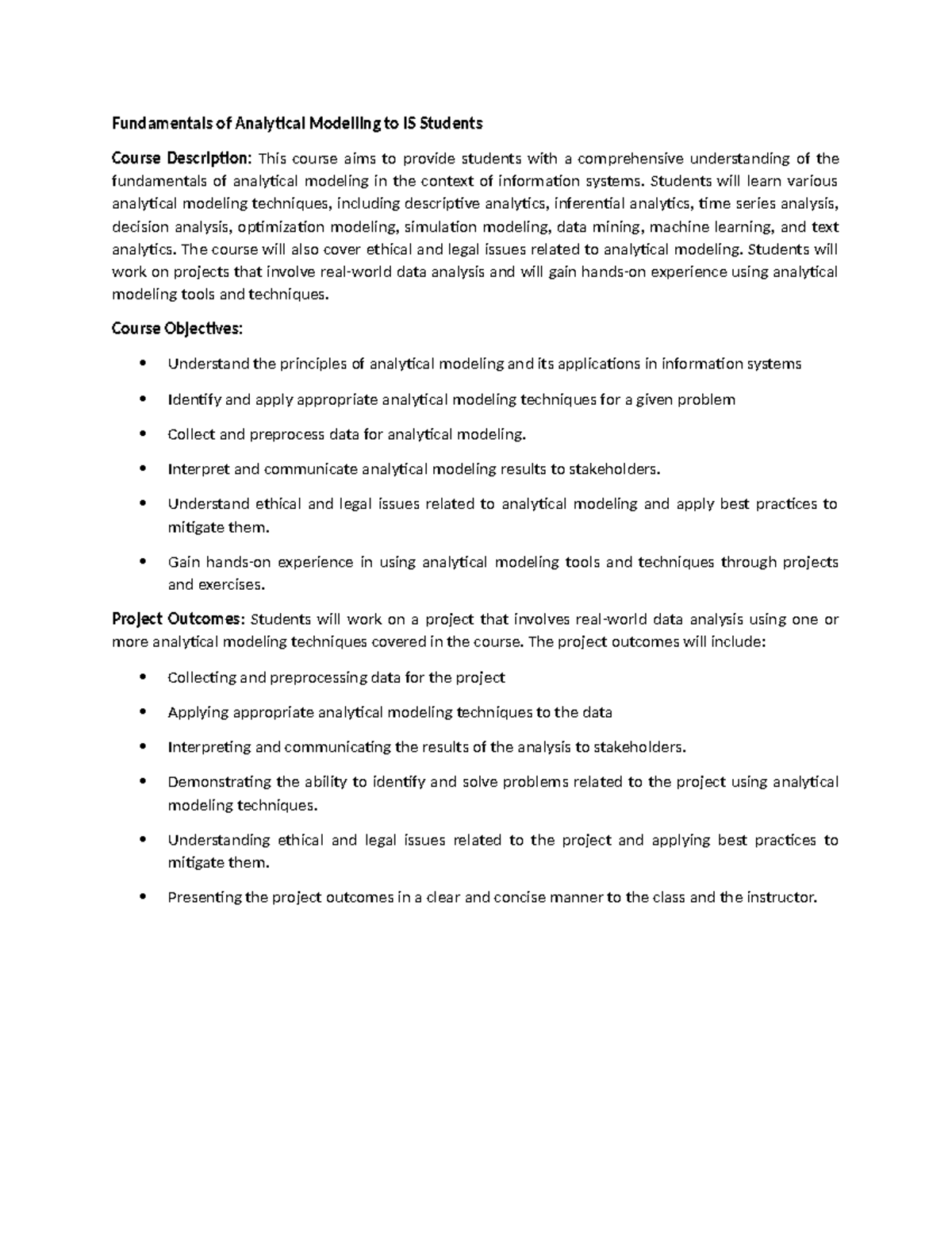 Fundamentals of Analytical Modelling to IS Students - Students will ...