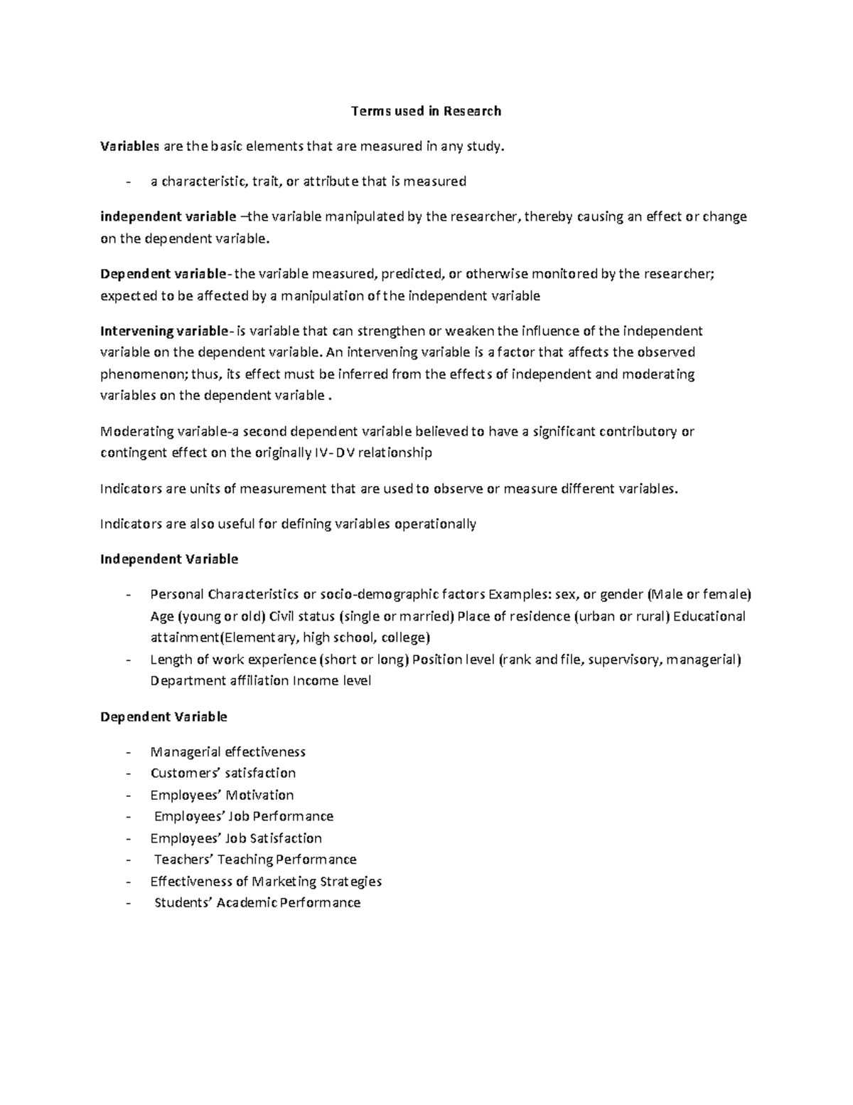 Key Terms used in Research - Terms used in Research Variables are the ...