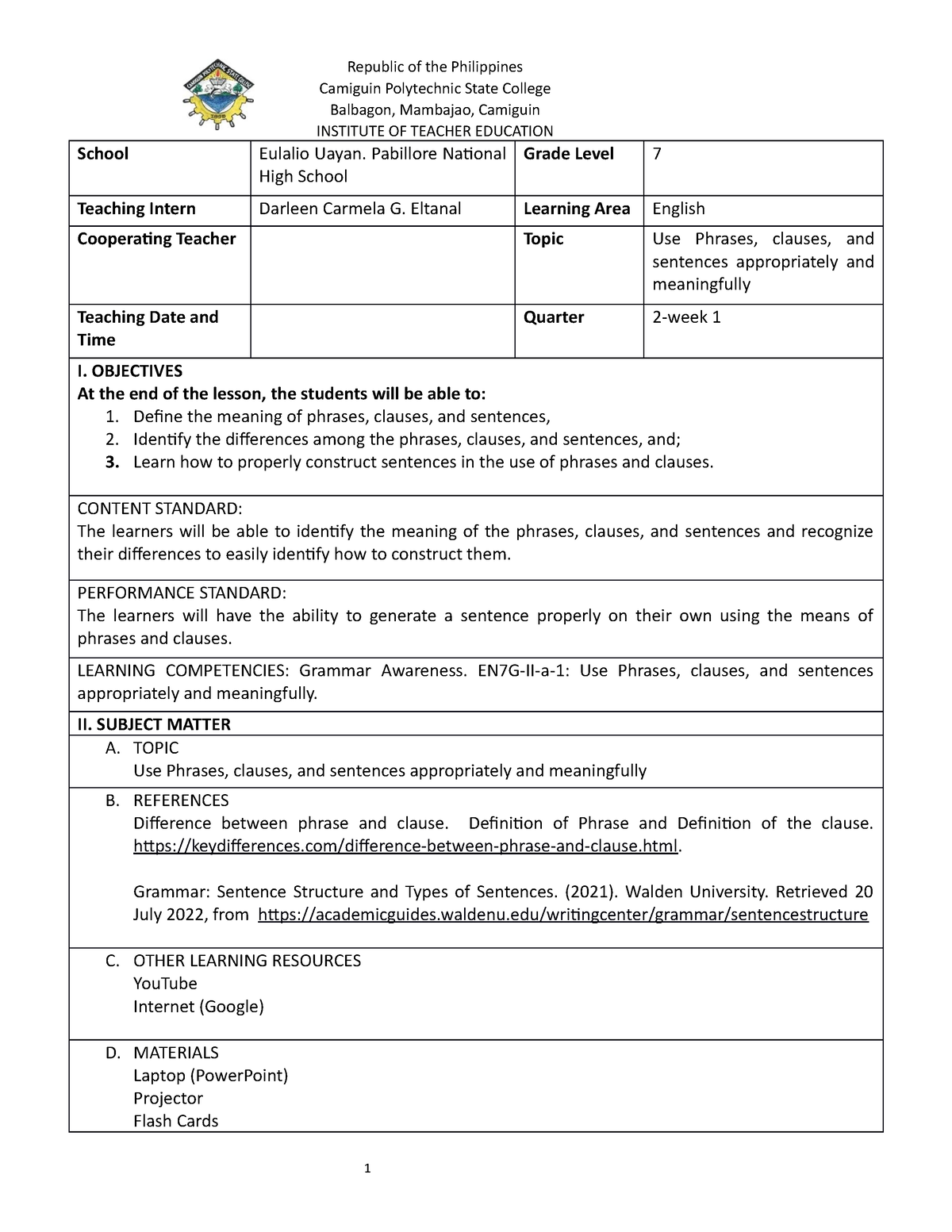 Week 1 Grammar Grade 7 Detailed Lesson Plan Use Phrases Clauses 