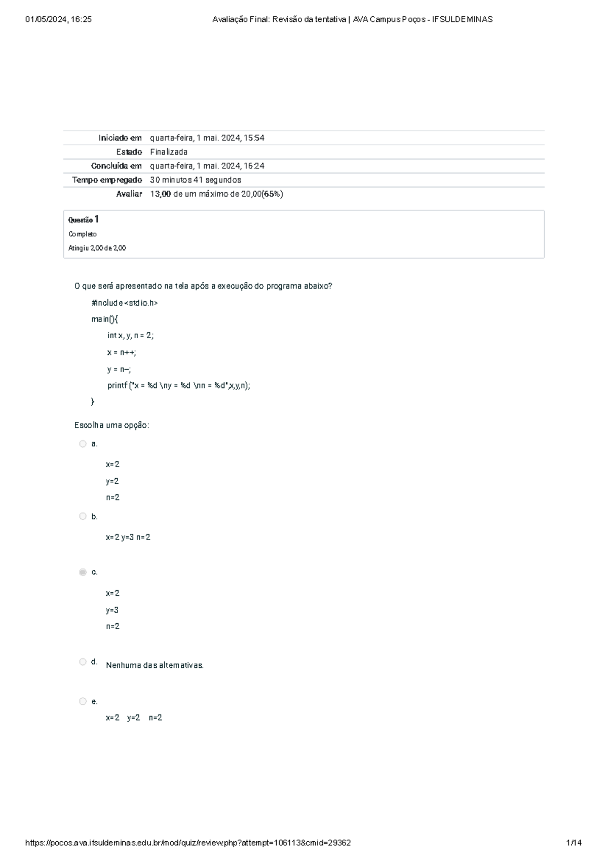 Avaliação Final Revisão da tentativa AVA Campus Poços - Ifsuldeminas ...