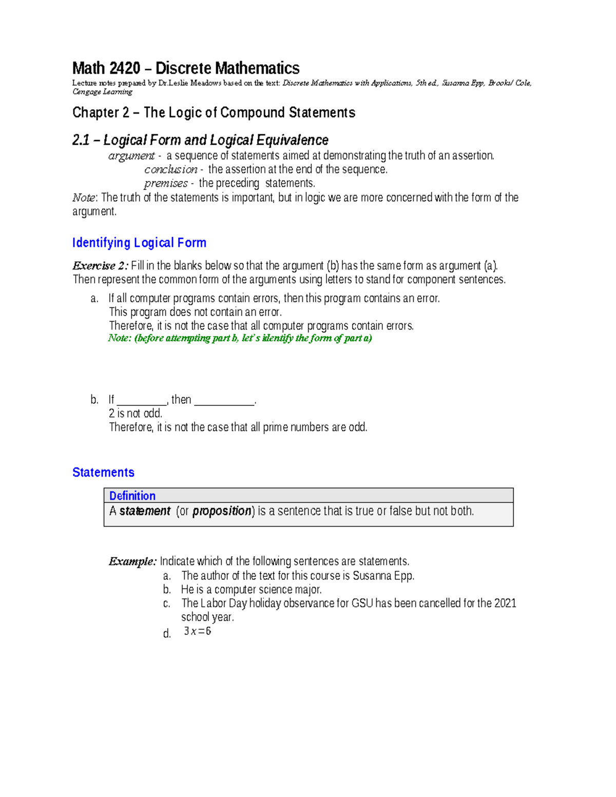 5th ed Sect 2pt1 Logical Form and Equivalence - Math 2420 – Discrete ...