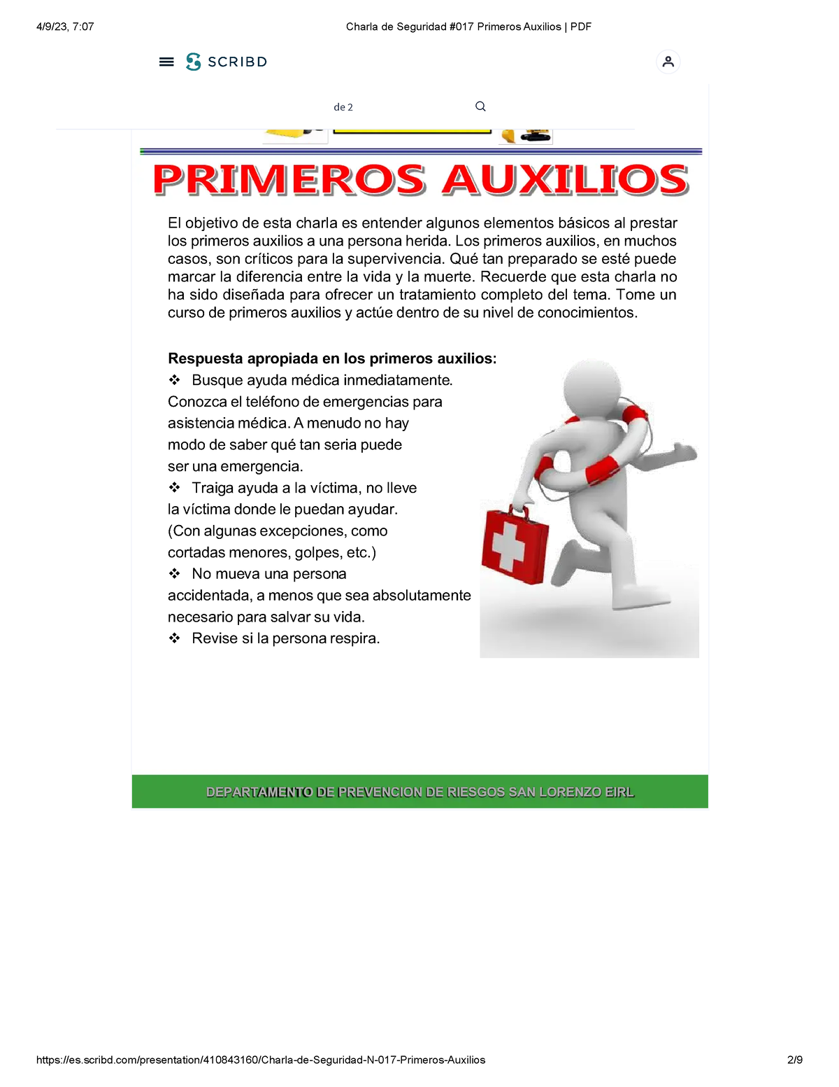 Charla De Seguridad #017 Primeros Auxilios PDF - - Studocu