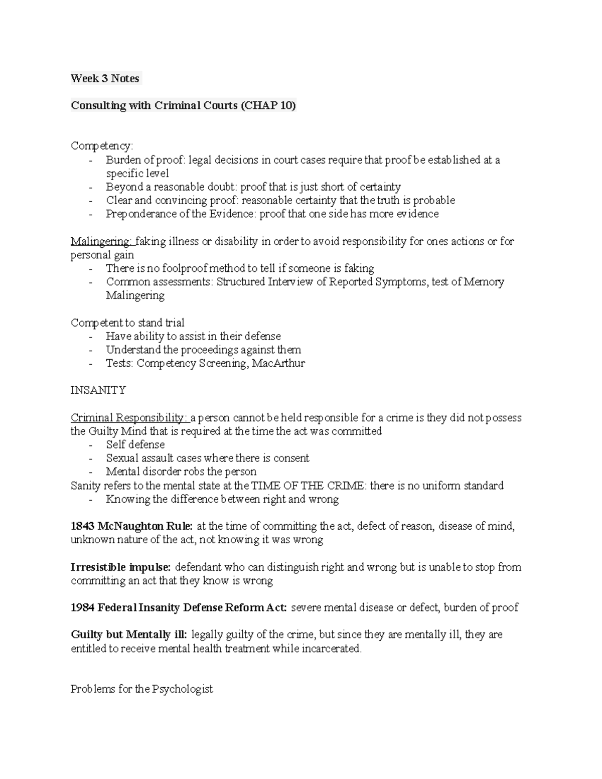Week 3 Online course, Prof. Shelton Week 3 Notes Consulting with Criminal Courts (CHAP 10 Week 3 Online course, Prof. Shelton Week 3 Notes Consulting with Criminal Courts (CHAP 10