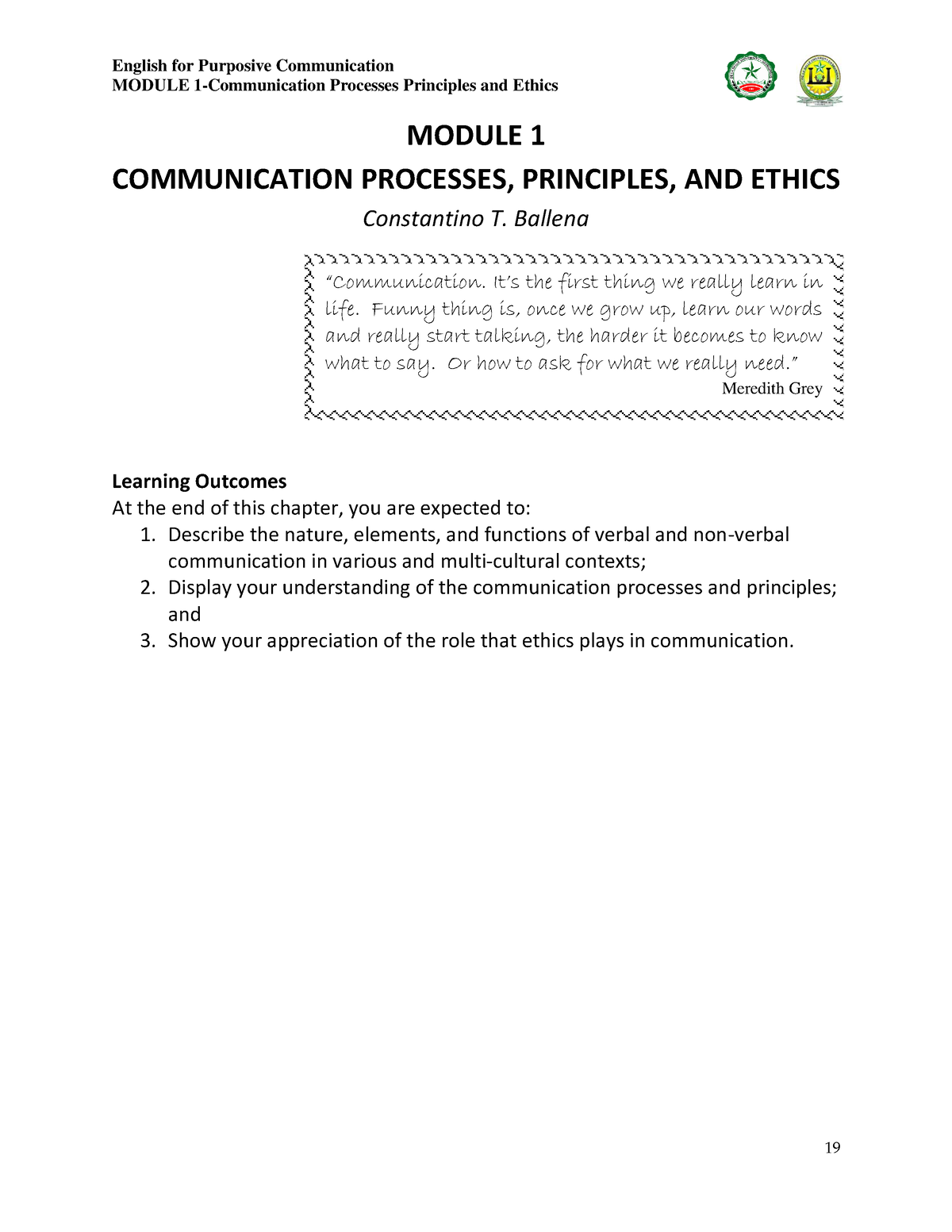 OL Module 1 Lesson 1 MODULE 1 Communication Processes Principles And 