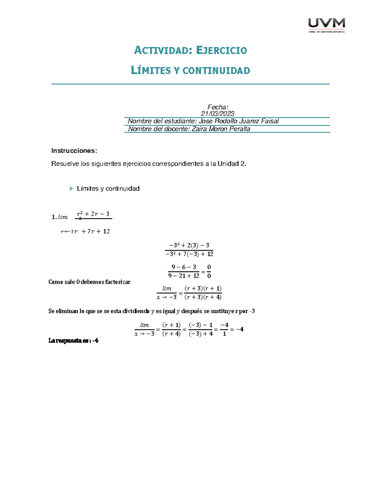 A2 jrjf - vrfvrf - ACTIVIDAD: EJERCICIO LÍMITES Y CONTINUIDAD Fecha: 21 ...
