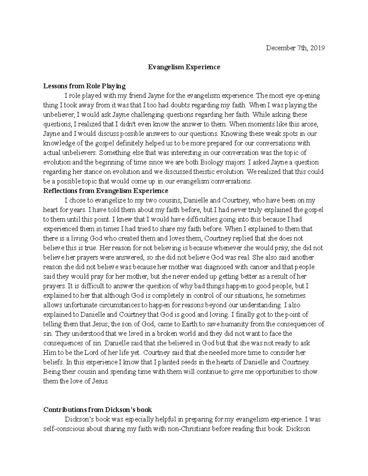 sample christian experience essay