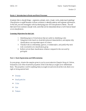 Rocks Lab 3 - Student Handout - GEOL 121 Name Sophie Remington Lab ...
