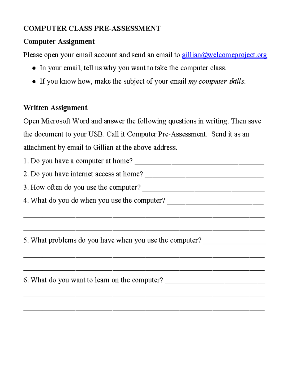 Welcome project Teacher Resources 002 - COMPUTER CLASS PRE-ASSESSMENT ...