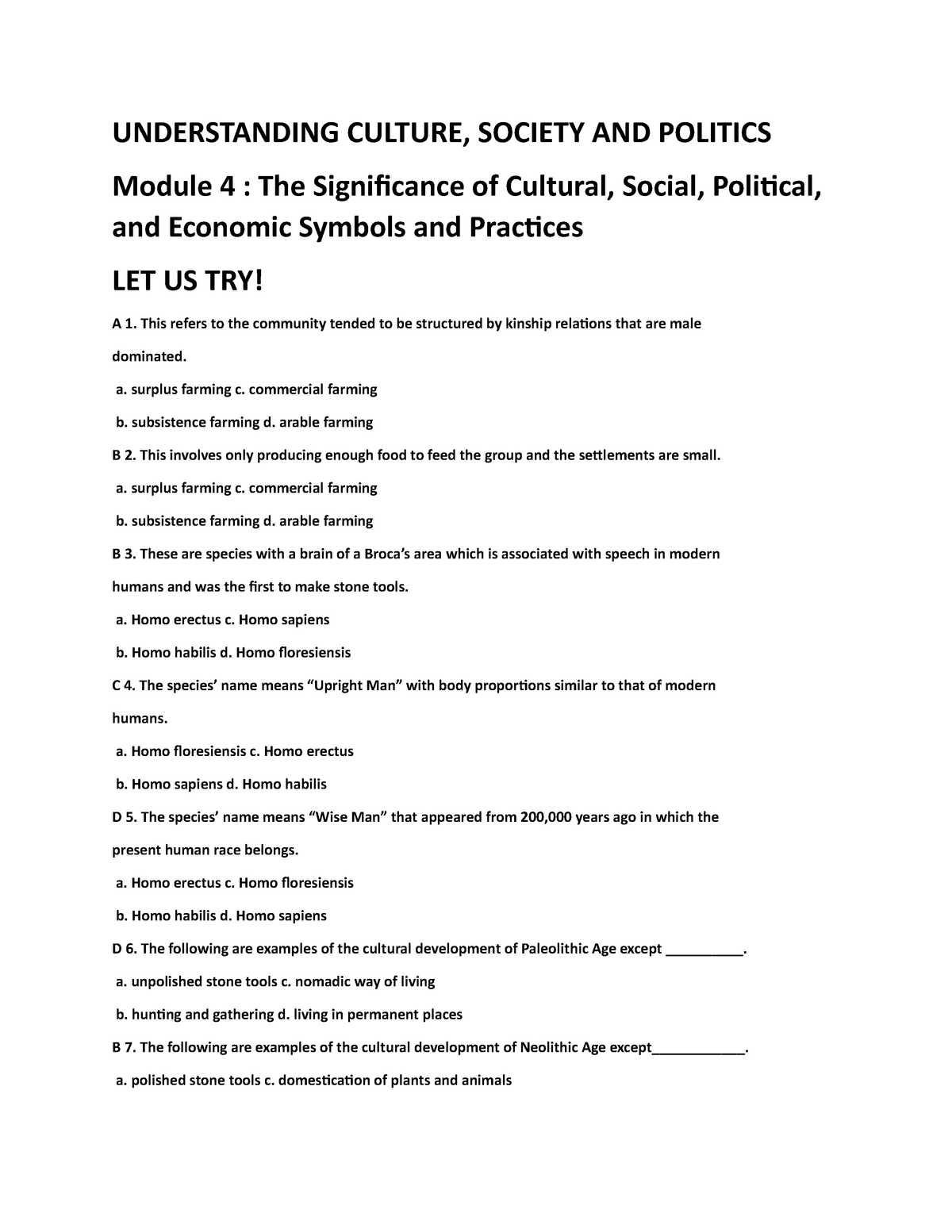 Understanding Culture Society And Politics Grade Module