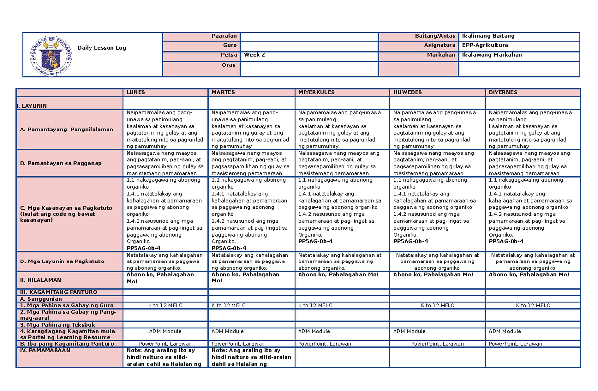 Dll Week 2 Epp Daily Lesson Plan Daily Lesson Log Paaralan Baitangantas Ikalimang Baitang 2028