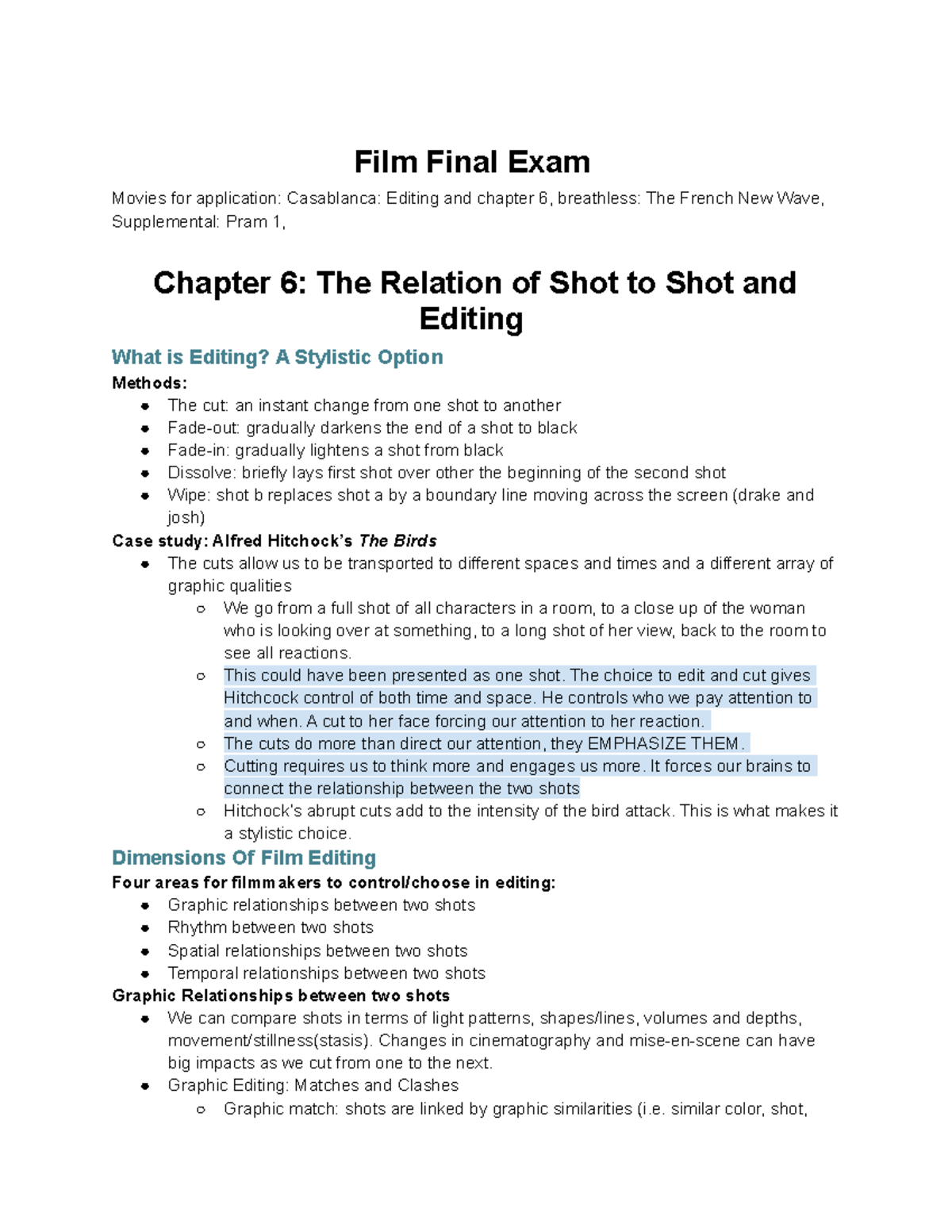 FILM Final EXAM Intro to Film UGA Film Final Exam Movies for