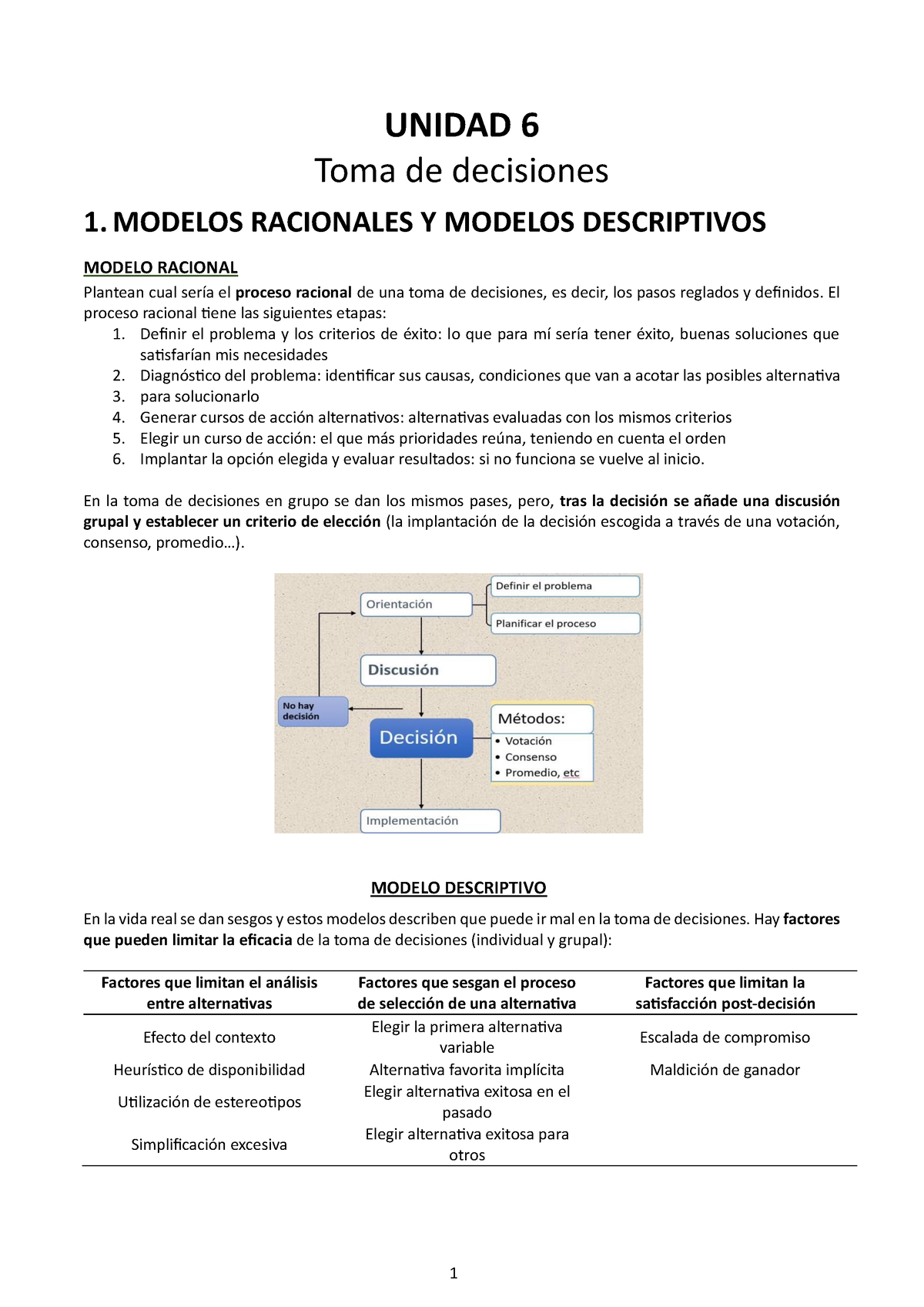 Unidad 6 - UNIDAD 6 Toma De Decisiones 1. MODELOS RACIONALES Y MODELOS ...