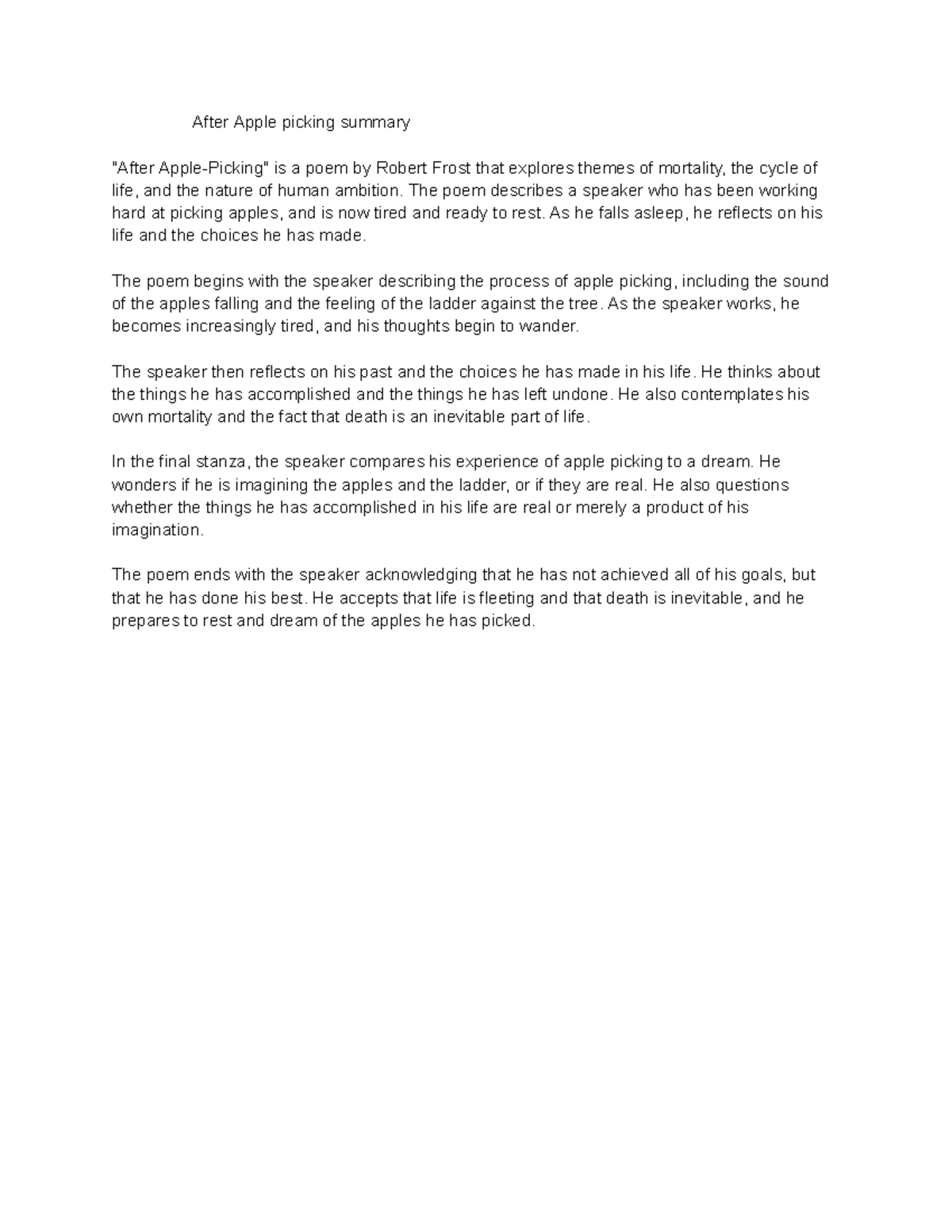 After Apple picking summary After Apple picking summary "After Apple