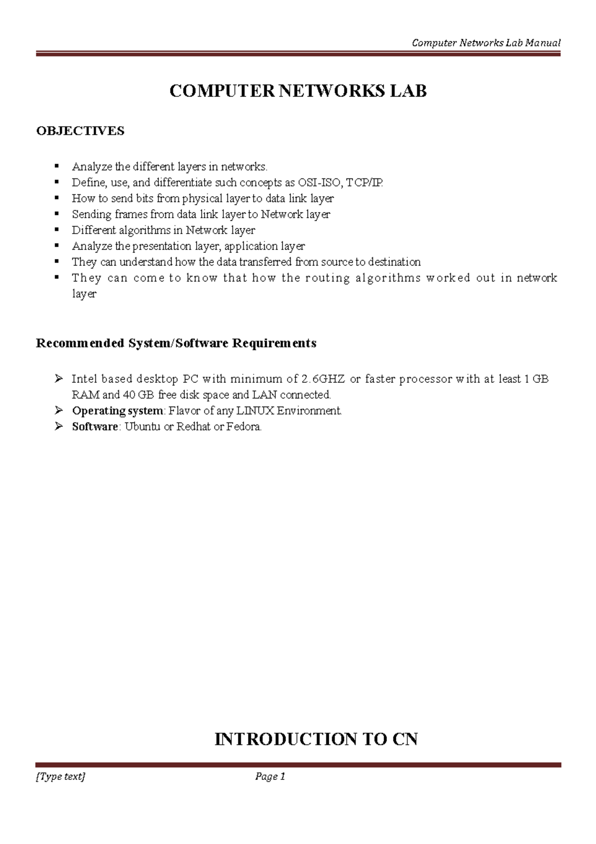 Computer Networks lab manual - COMPUTER NETWORKS LAB OBJECTIVES Analyze ...