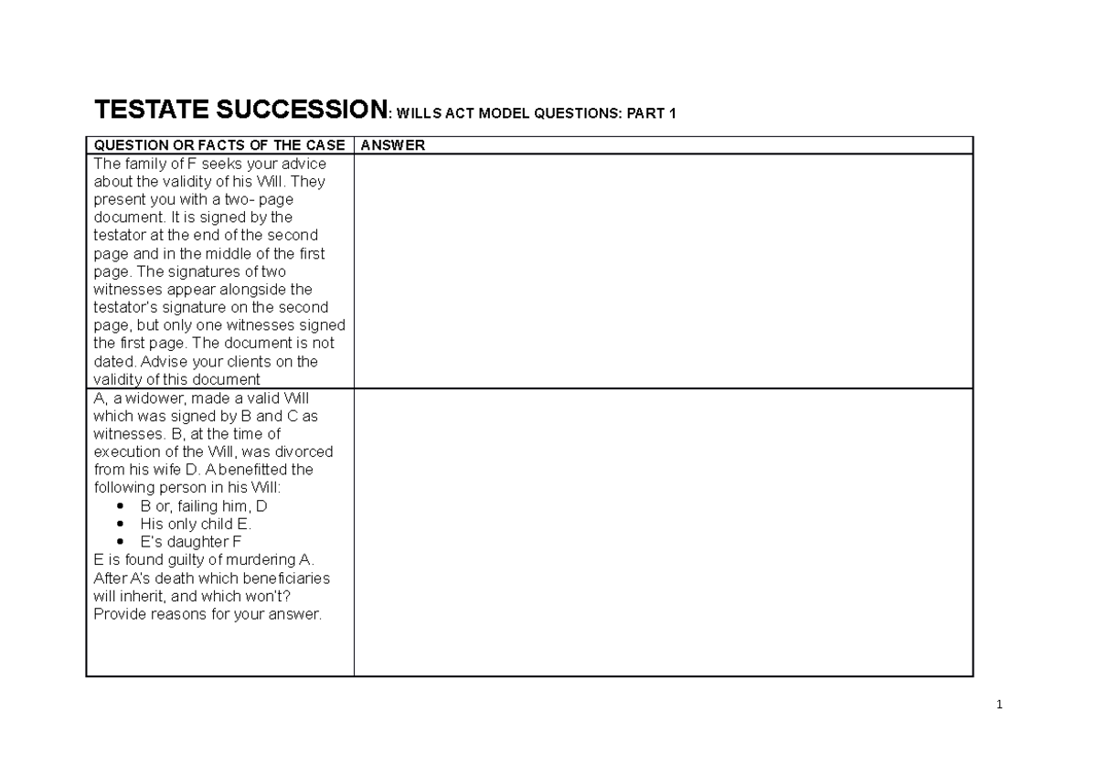 Testate Succession Wills ACT Model Questions PART 1 TESTATE