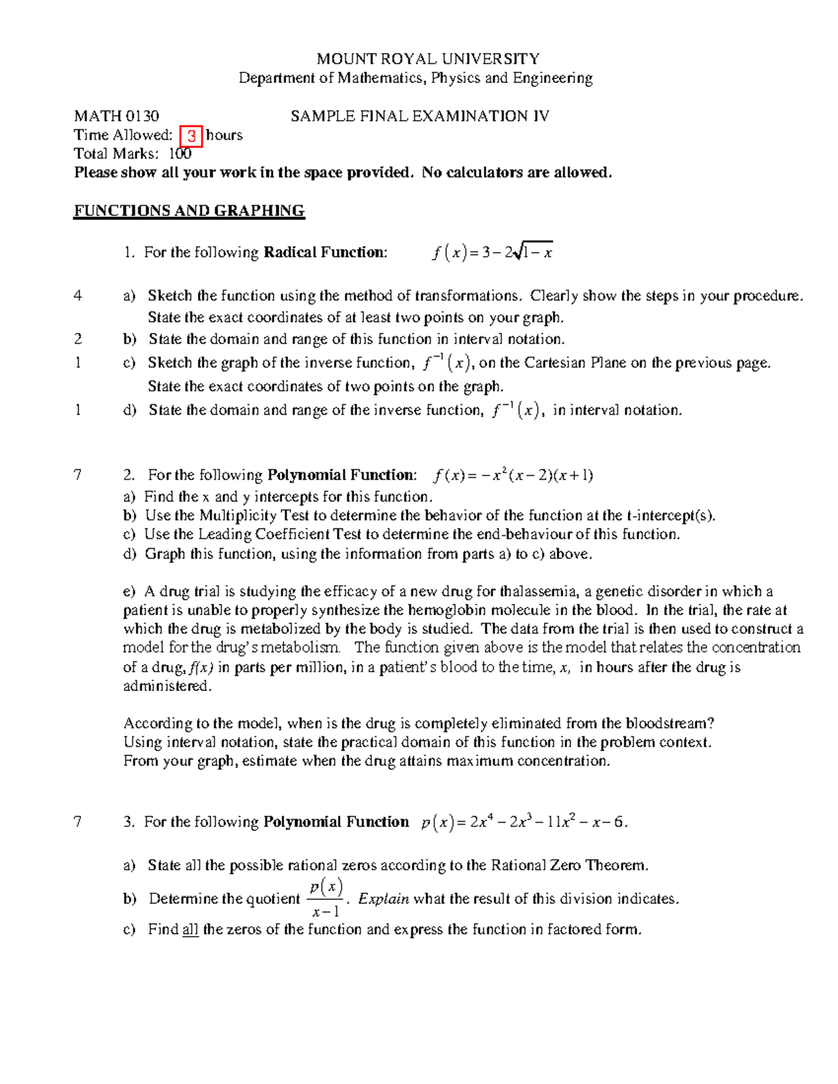 Sample Final Exam IV(1)(1) - MOUNT ROYAL UNIVERSITY Department of ...