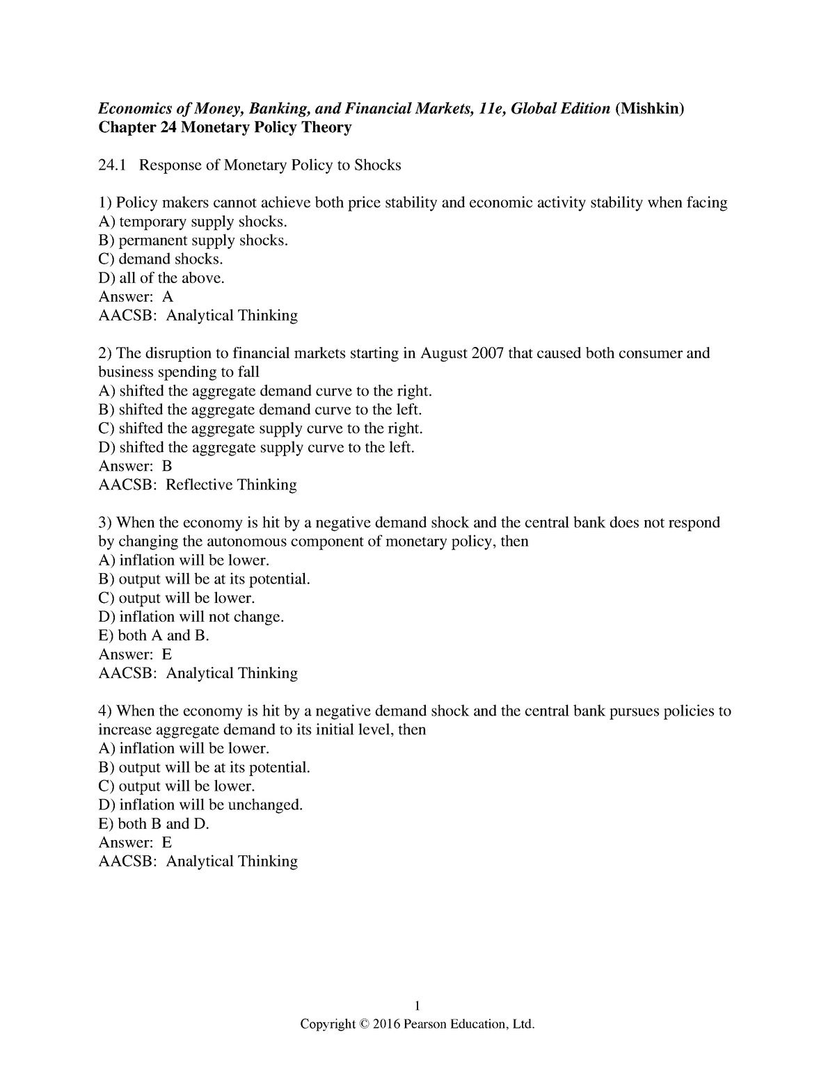 Chapter 24 - Testbank - 1 Economics Of Money, Banking, And Financial ...