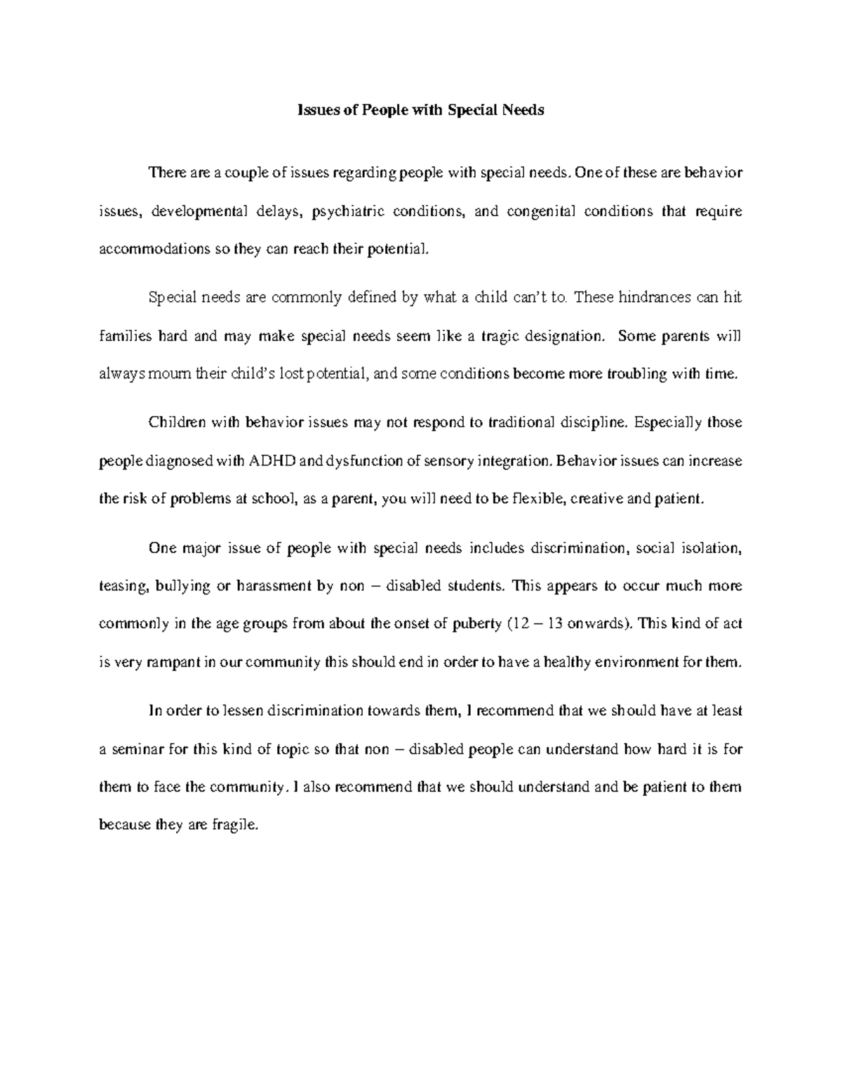 college essay about working with special needs