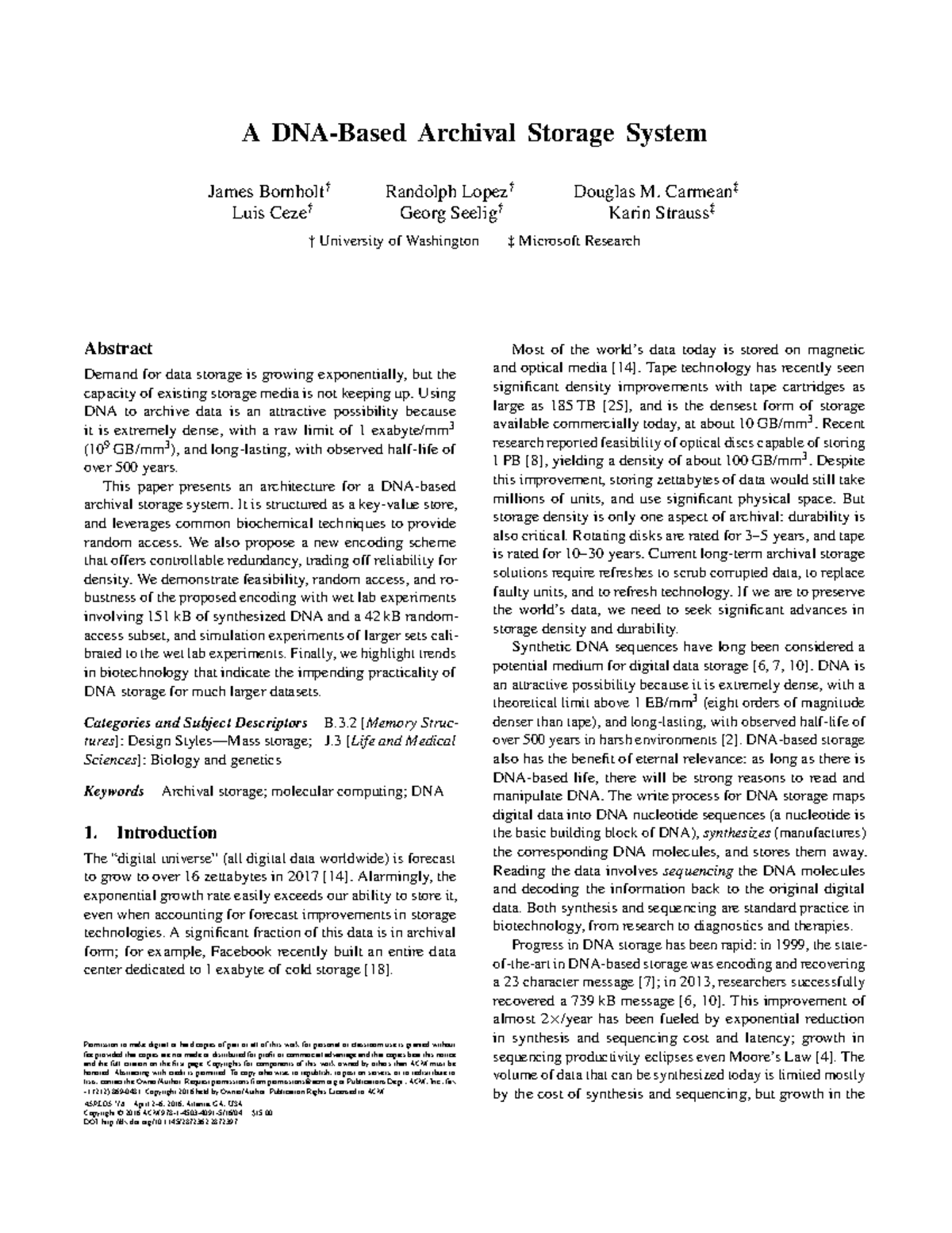 A Dna Based Archival Storage System Carmean‡ Luis Ceze† Georg Seelig