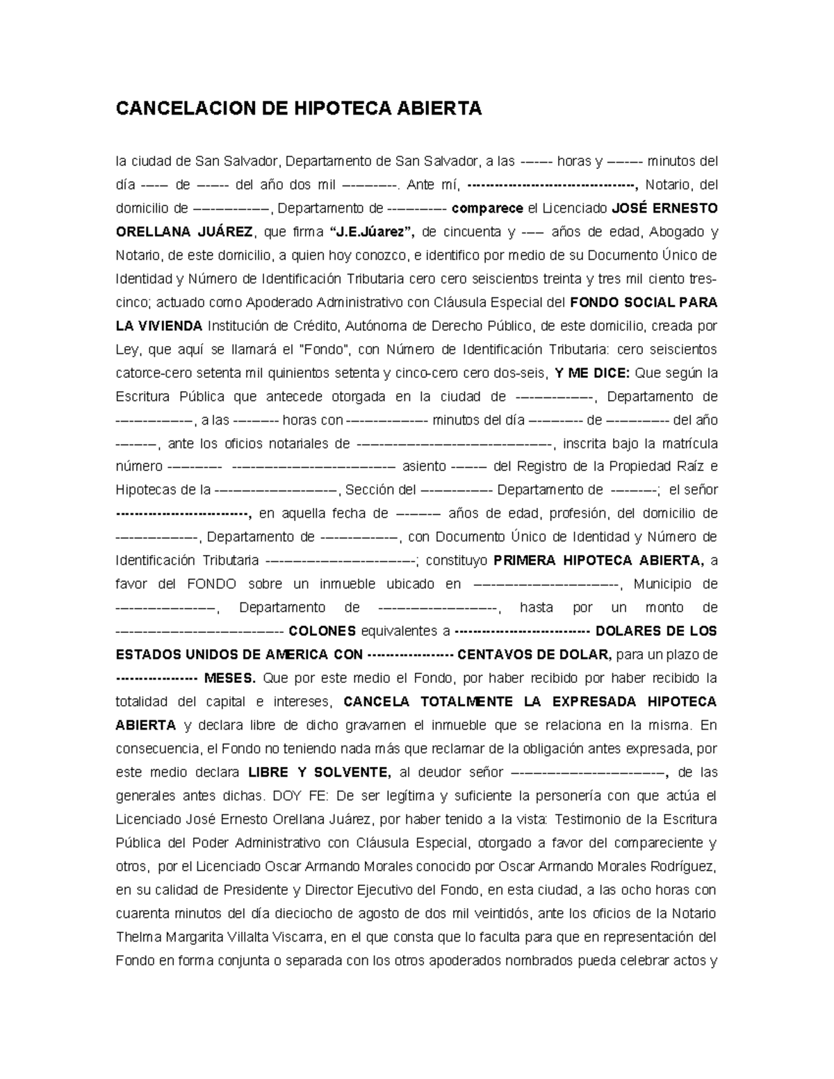 Cancelación DE Hipoteca Abierta - CANCELACION DE HIPOTECA ABIERTA la ...