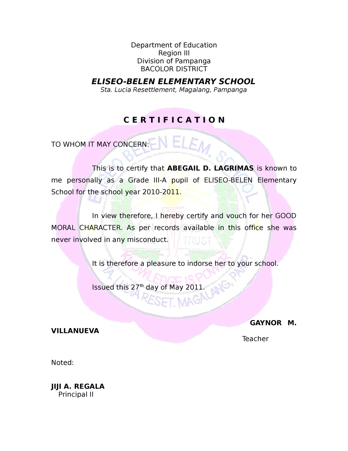 Certification of Good Moral - Department of Education Region III ...