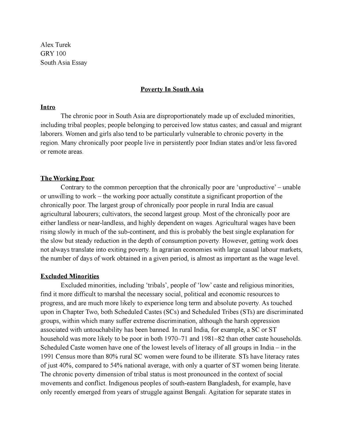 South Asia Essay - A - Alex Turek GRY 100 South Asia Essay Poverty In ...