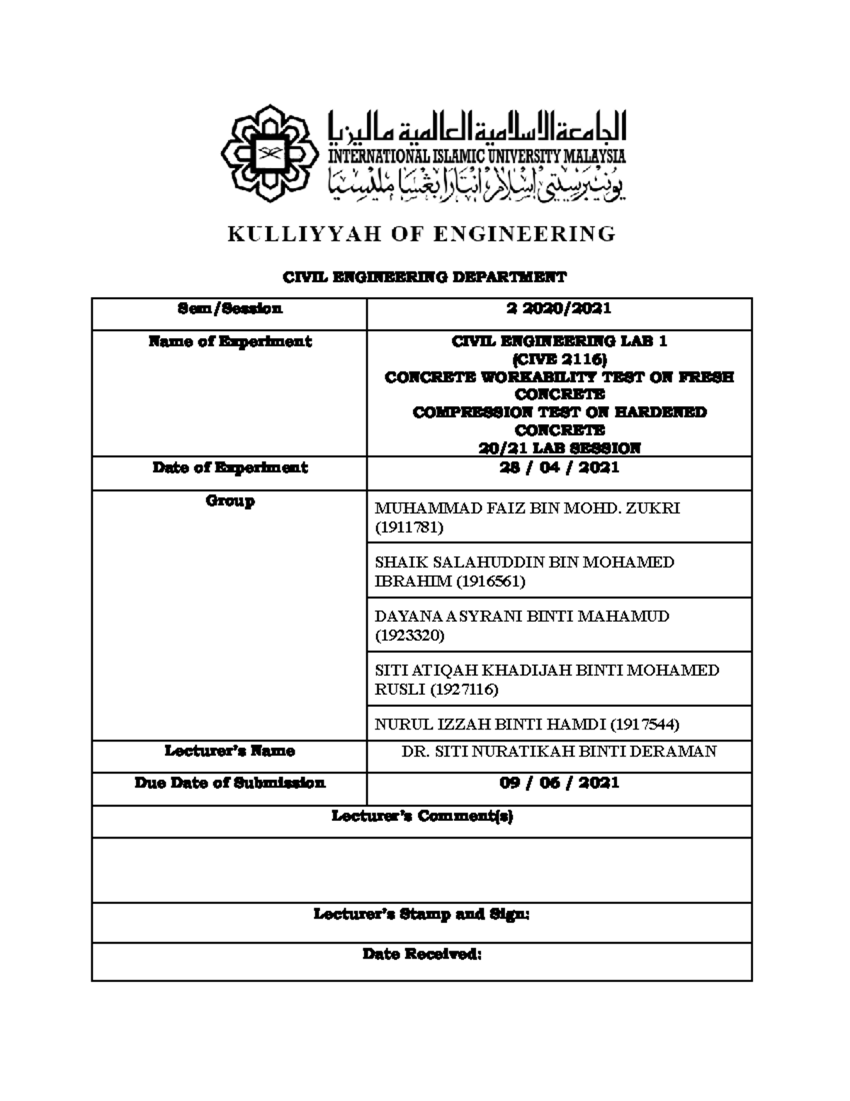Concrete TEST lab report CIVIL ENGINEERING DEPARTMENT Sem/Session 2